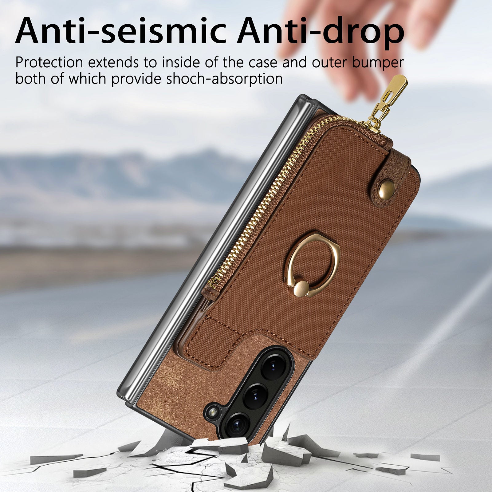 D8 For Samsung Galaxy Z Fold6 5G Case Zipper Pocket Ring Holder Leather+PC Phone Cover - Brown