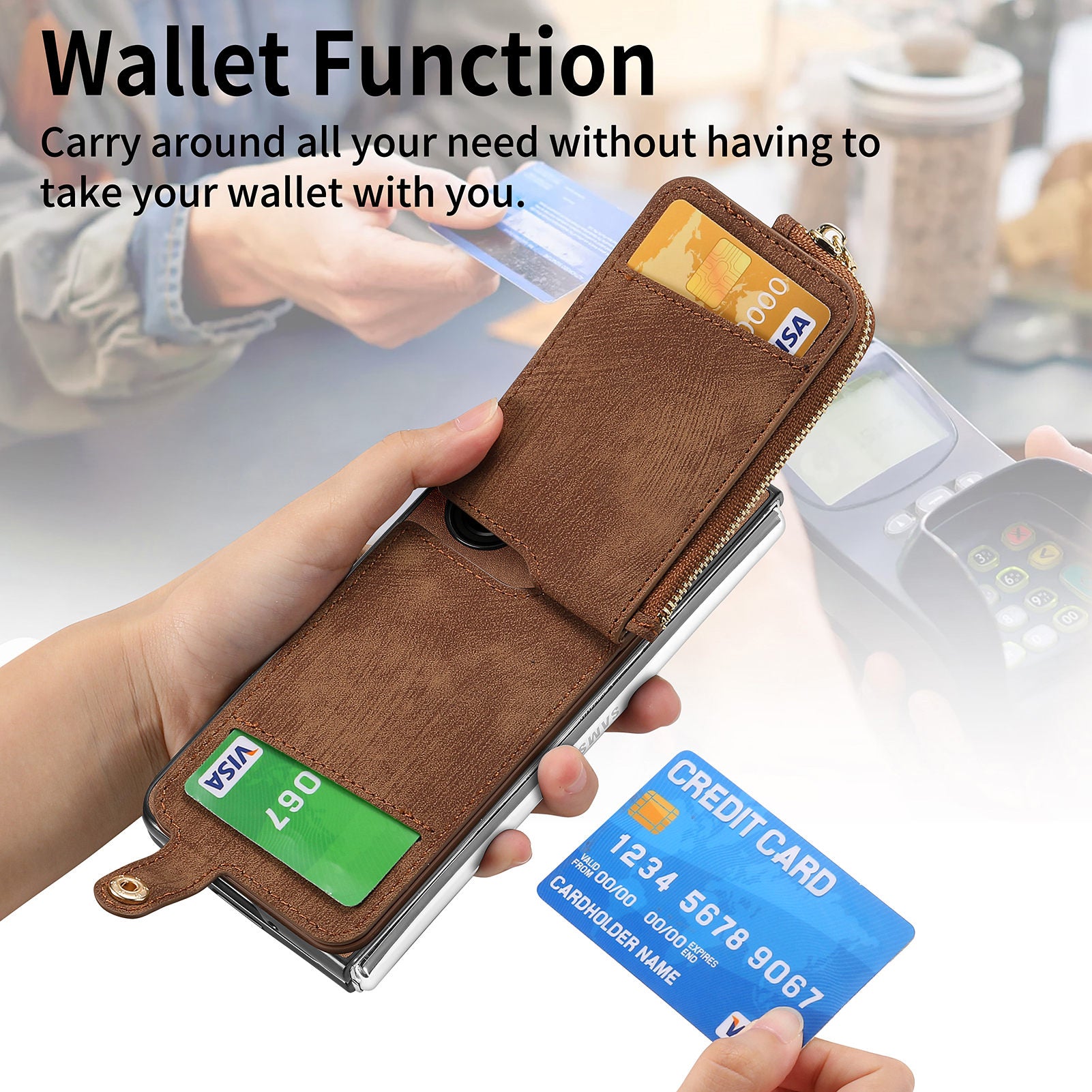 D8 For Samsung Galaxy Z Fold6 5G Case Zipper Pocket Ring Holder Leather+PC Phone Cover - Brown