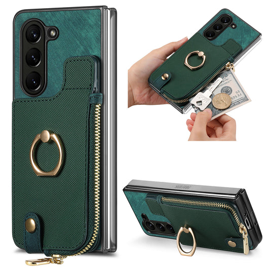 D8 For Samsung Galaxy Z Fold6 5G Case Zipper Pocket Ring Holder Leather+PC Phone Cover - Green