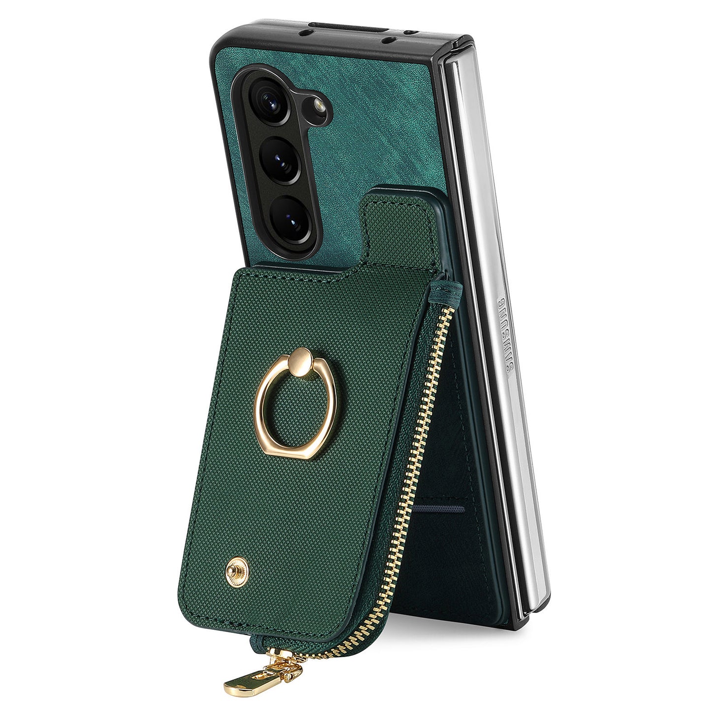 D8 For Samsung Galaxy Z Fold6 5G Case Zipper Pocket Ring Holder Leather+PC Phone Cover - Green