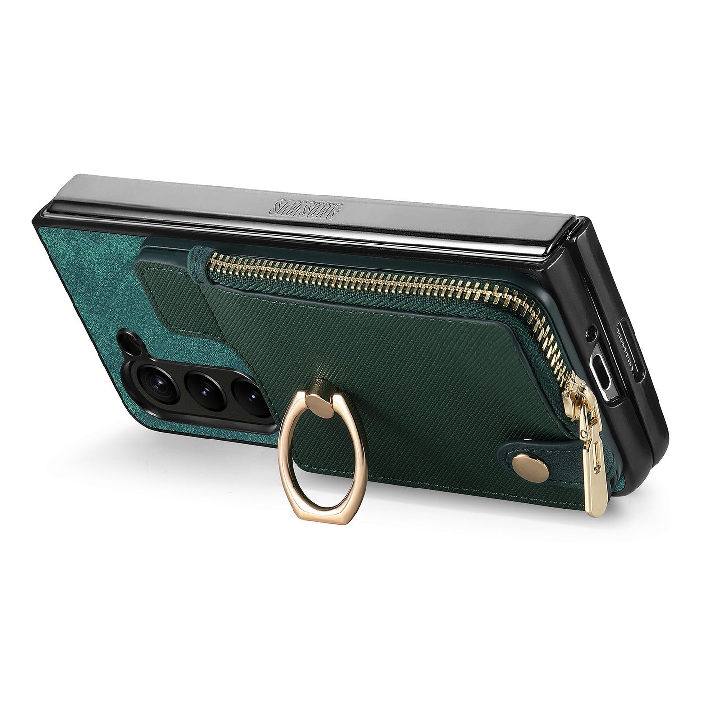 D8 For Samsung Galaxy Z Fold6 5G Case Zipper Pocket Ring Holder Leather+PC Phone Cover - Green