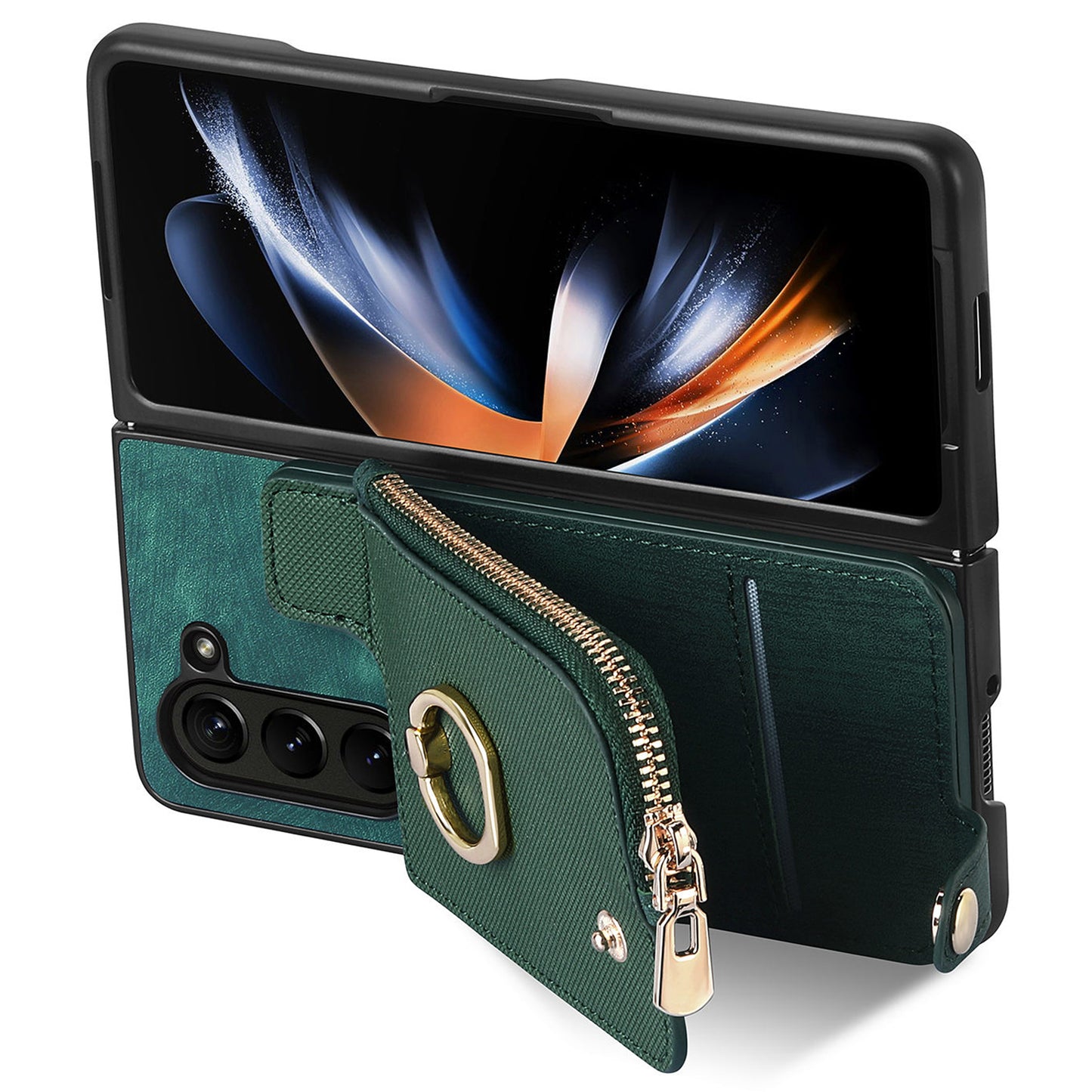 D8 For Samsung Galaxy Z Fold6 5G Case Zipper Pocket Ring Holder Leather+PC Phone Cover - Green