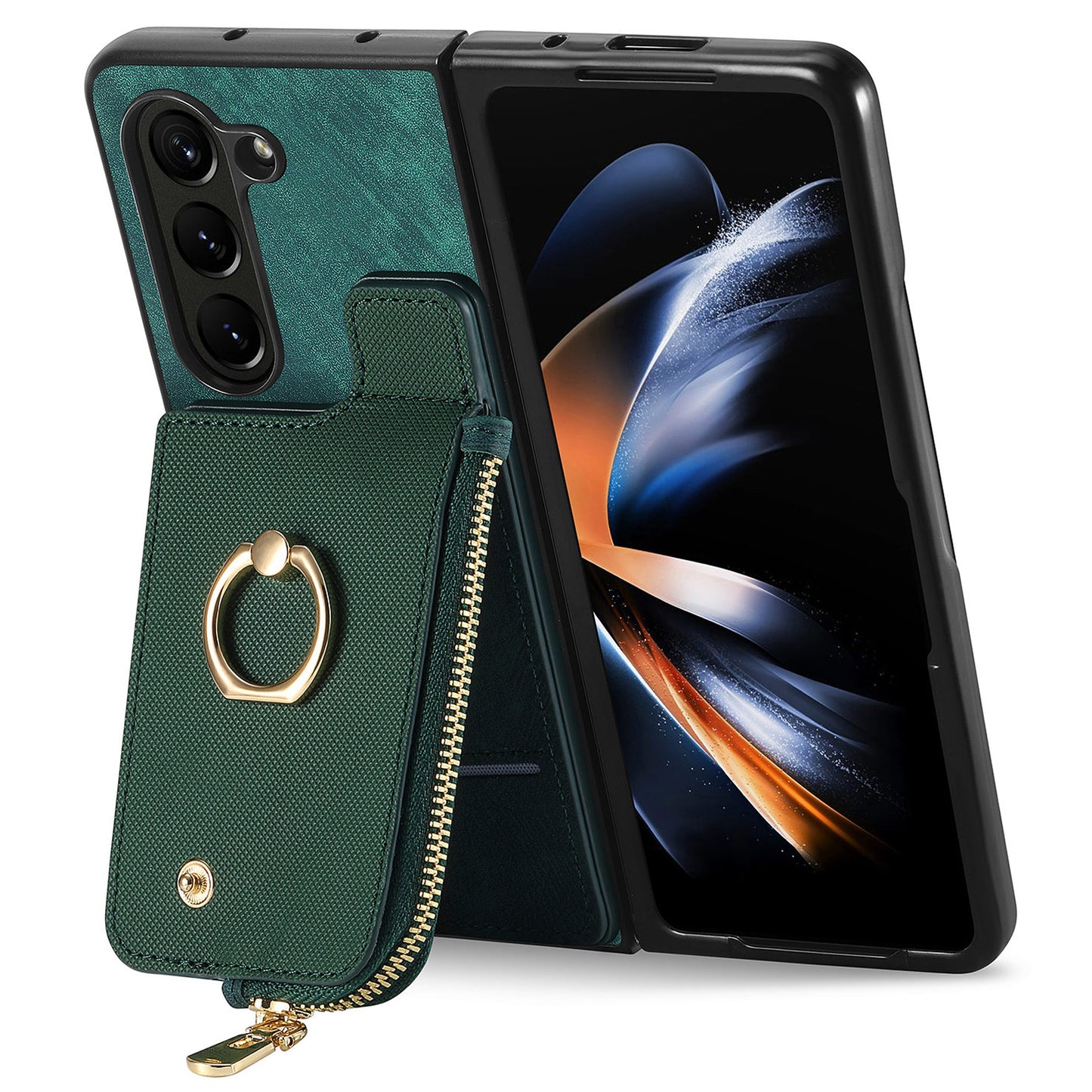 D8 For Samsung Galaxy Z Fold6 5G Case Zipper Pocket Ring Holder Leather+PC Phone Cover - Green