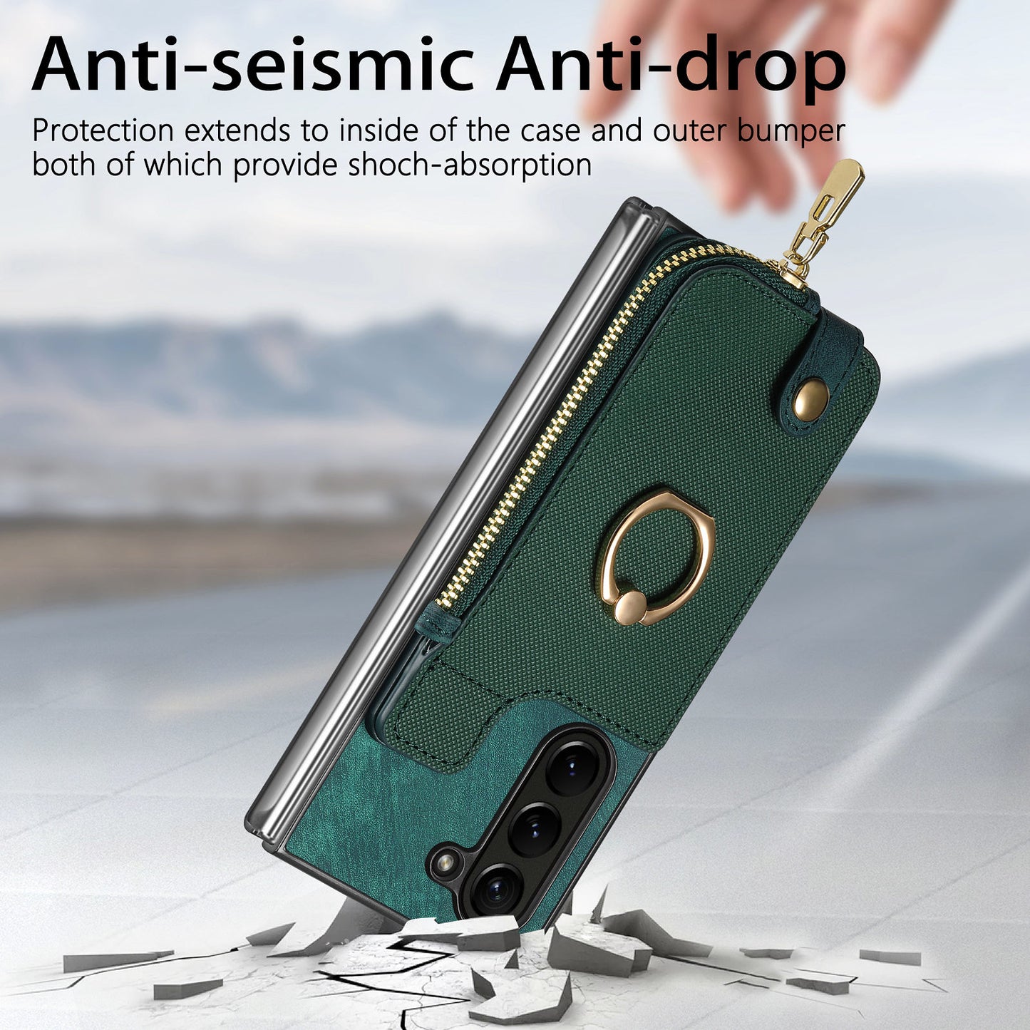D8 For Samsung Galaxy Z Fold6 5G Case Zipper Pocket Ring Holder Leather+PC Phone Cover - Green