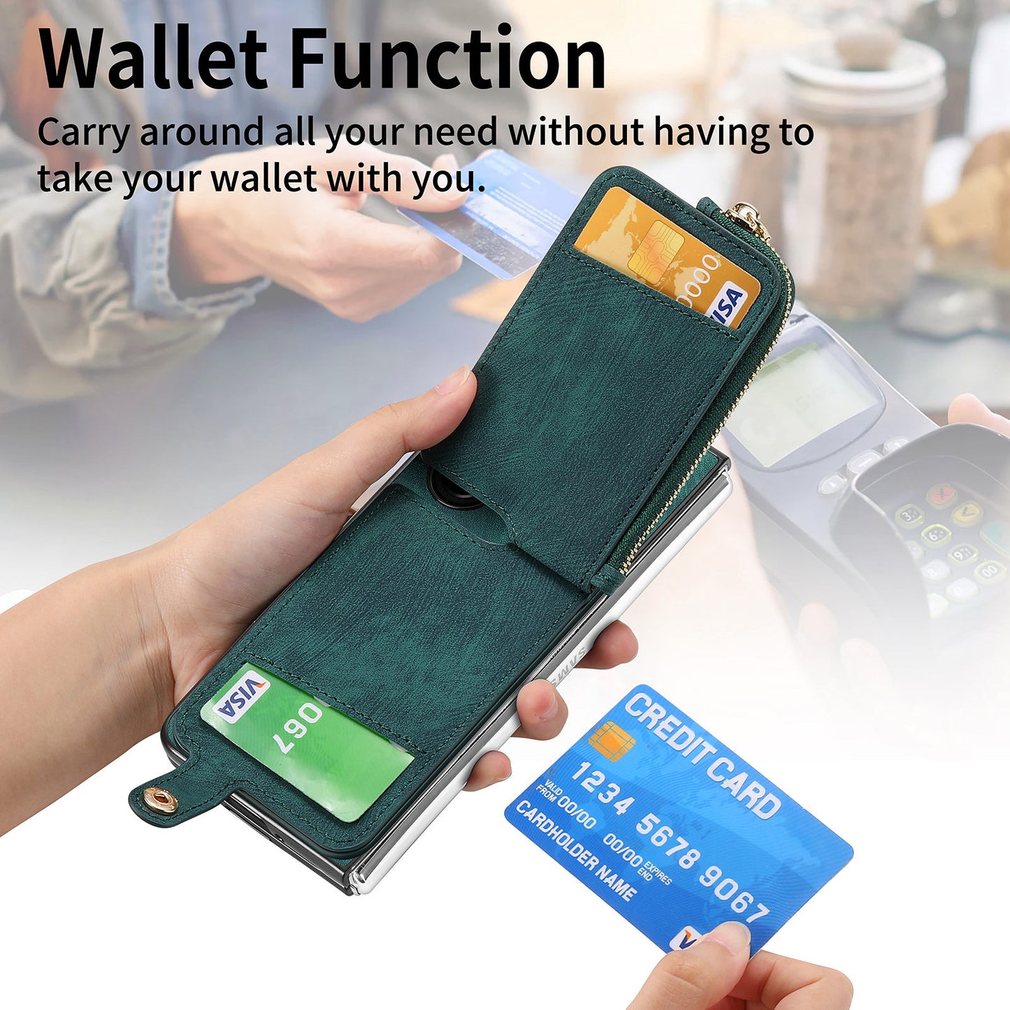 D8 For Samsung Galaxy Z Fold6 5G Case Zipper Pocket Ring Holder Leather+PC Phone Cover - Green