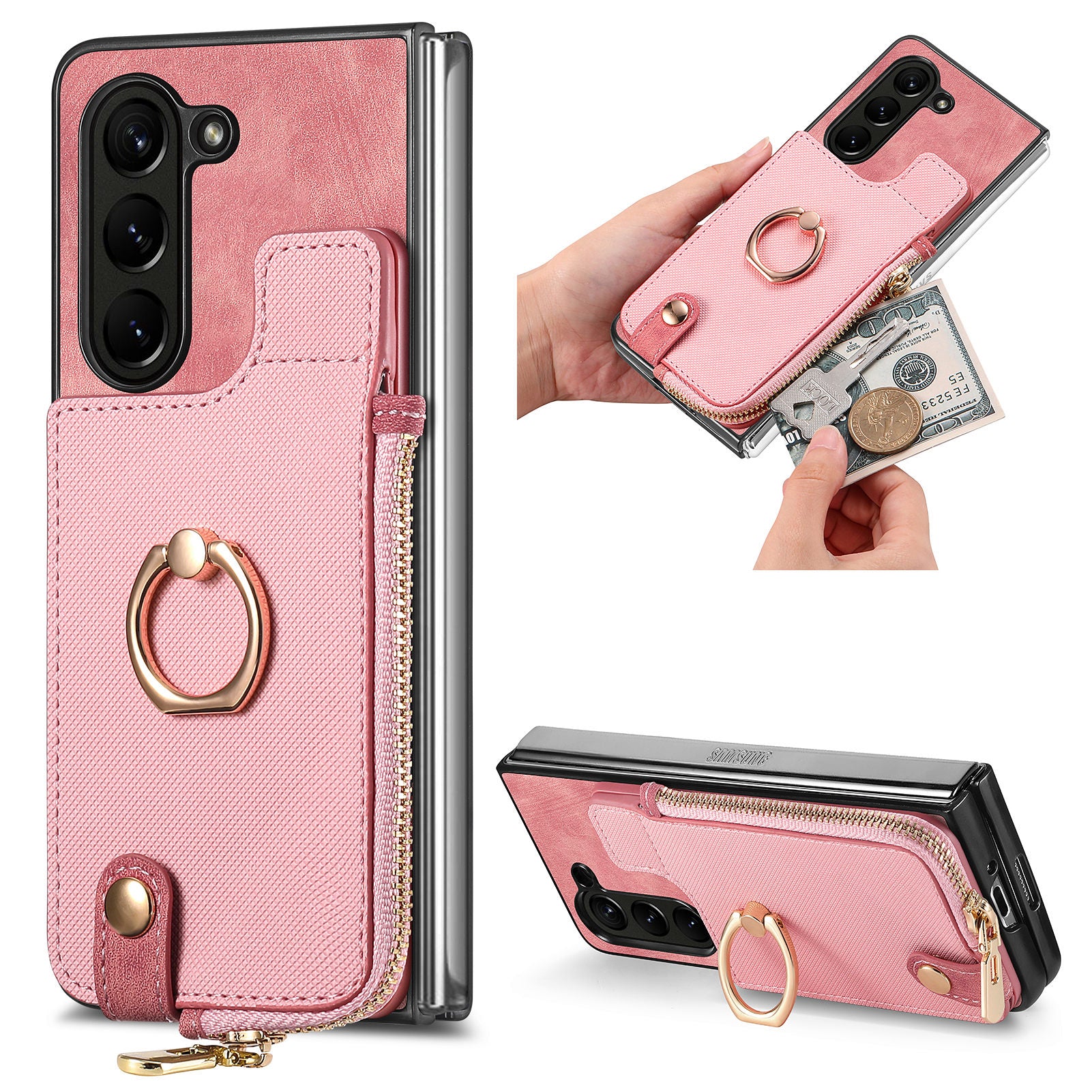 D8 For Samsung Galaxy Z Fold6 5G Case Zipper Pocket Ring Holder Leather+PC Phone Cover - Pink