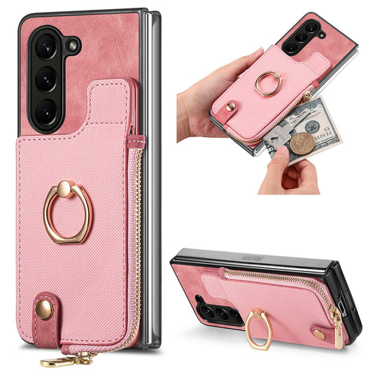 D8 For Samsung Galaxy Z Fold6 5G Case Zipper Pocket Ring Holder Leather+PC Phone Cover - Pink