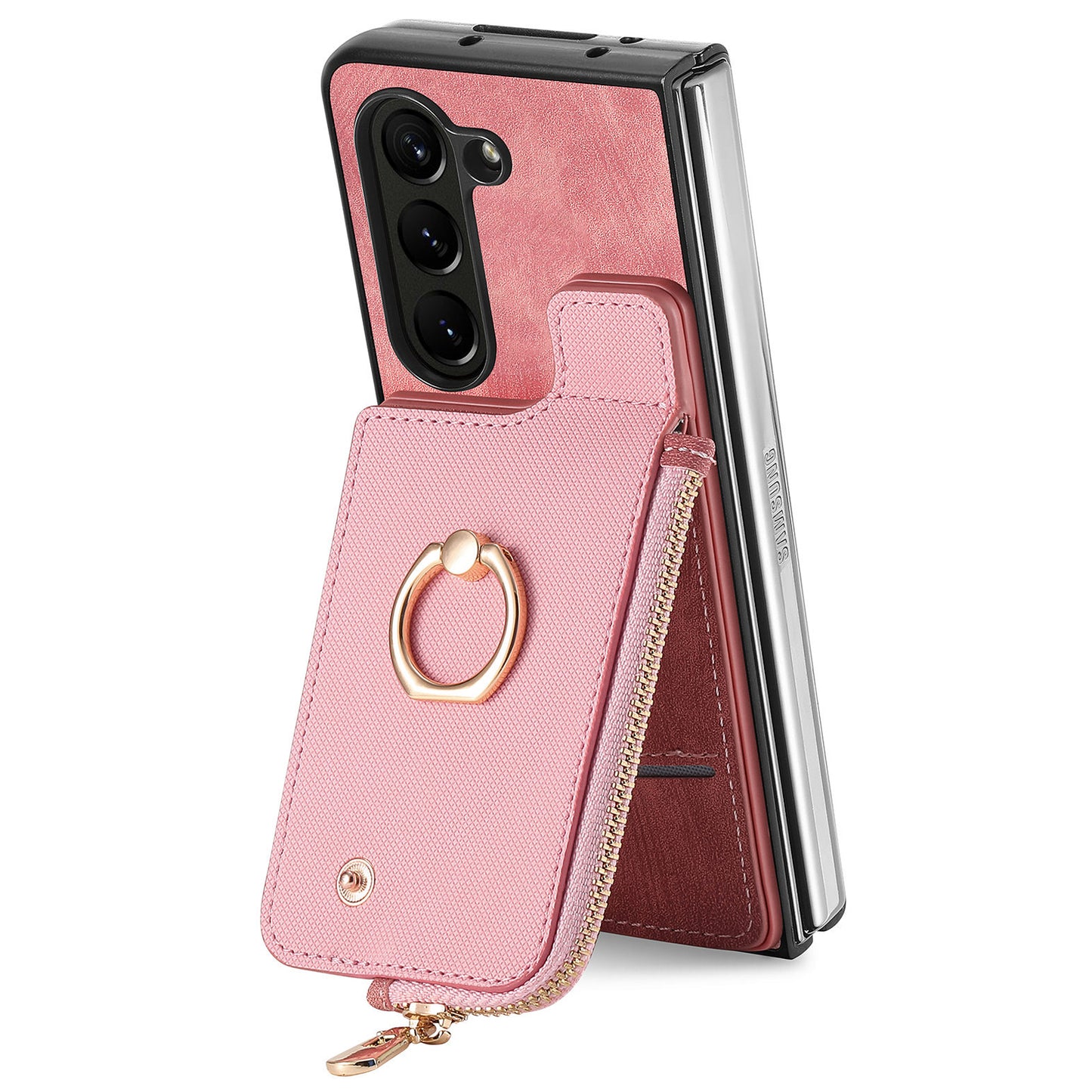 D8 For Samsung Galaxy Z Fold6 5G Case Zipper Pocket Ring Holder Leather+PC Phone Cover - Pink