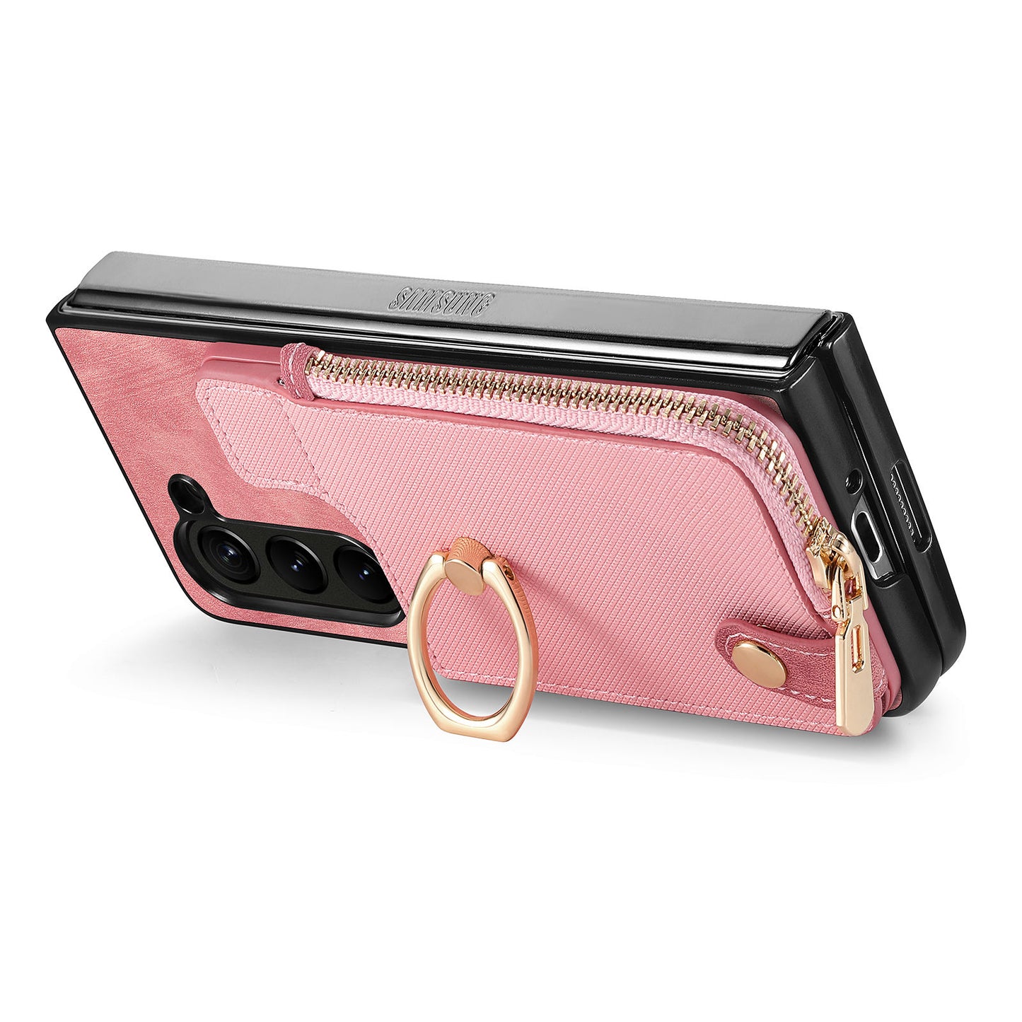 D8 For Samsung Galaxy Z Fold6 5G Case Zipper Pocket Ring Holder Leather+PC Phone Cover - Pink