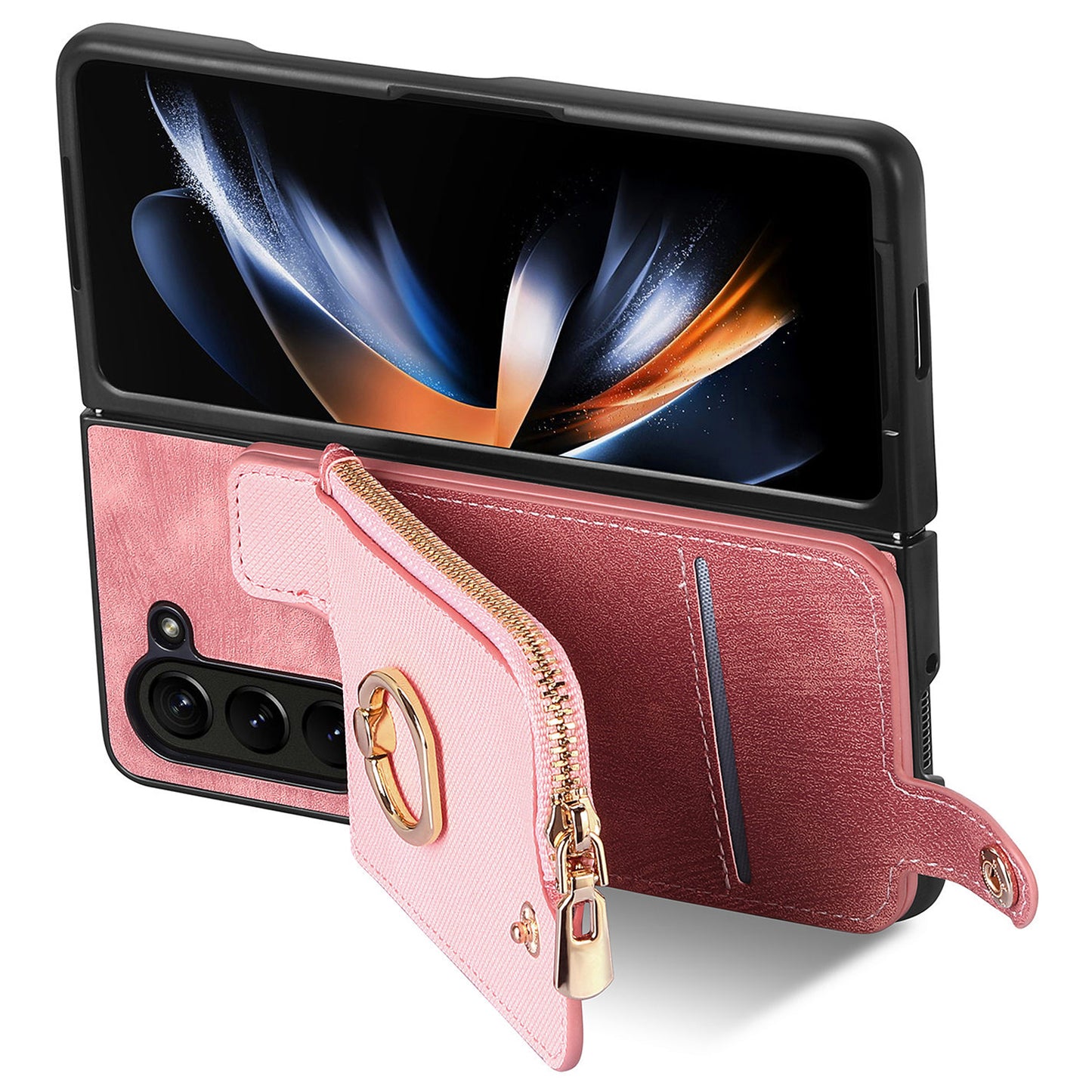 D8 For Samsung Galaxy Z Fold6 5G Case Zipper Pocket Ring Holder Leather+PC Phone Cover - Pink