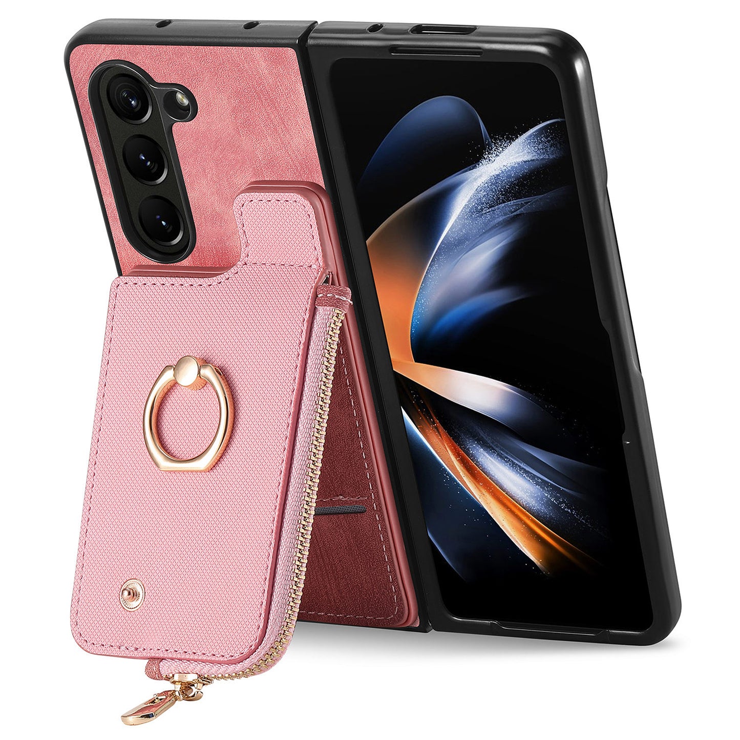D8 For Samsung Galaxy Z Fold6 5G Case Zipper Pocket Ring Holder Leather+PC Phone Cover - Pink