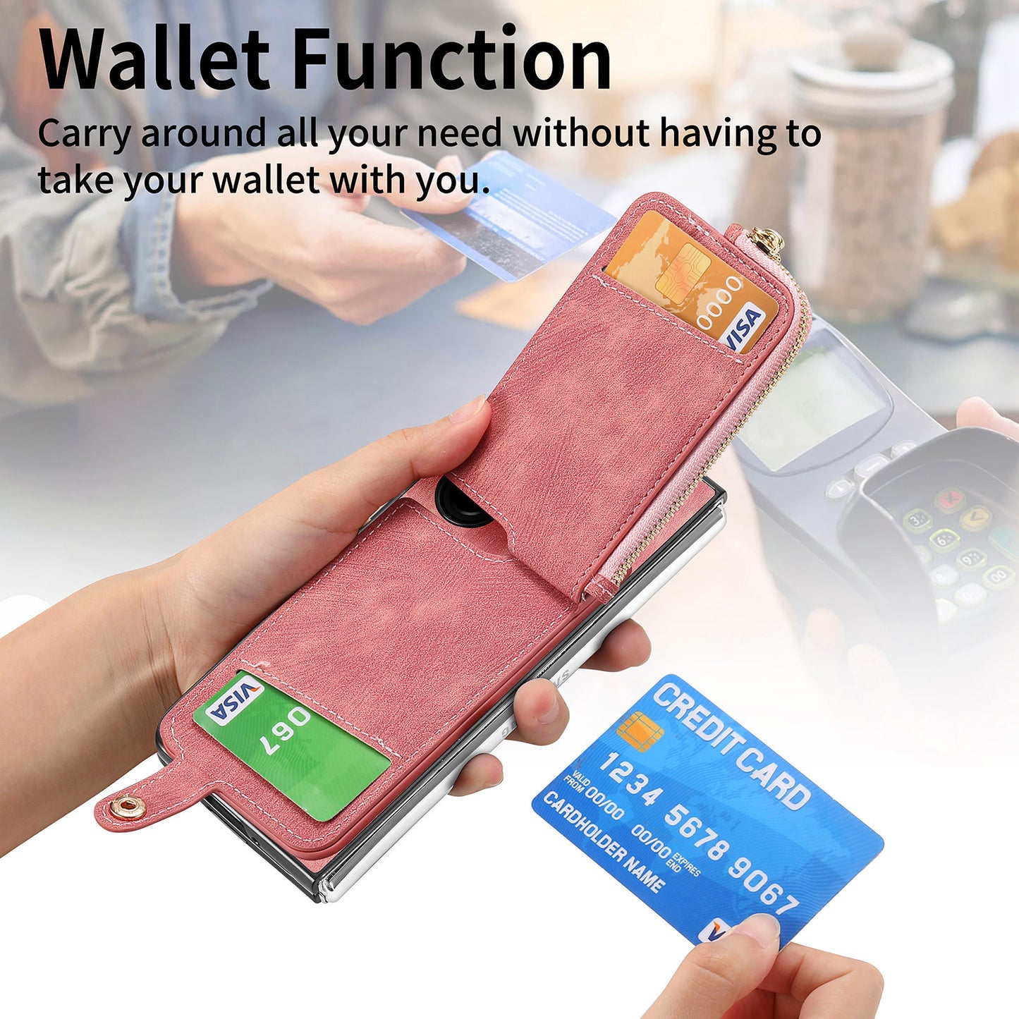 D8 For Samsung Galaxy Z Fold6 5G Case Zipper Pocket Ring Holder Leather+PC Phone Cover - Pink