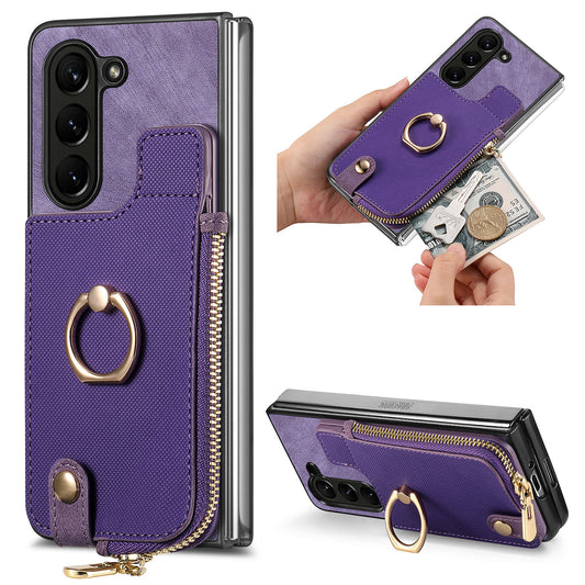 D8 For Samsung Galaxy Z Fold6 5G Case Zipper Pocket Ring Holder Leather+PC Phone Cover - Purple