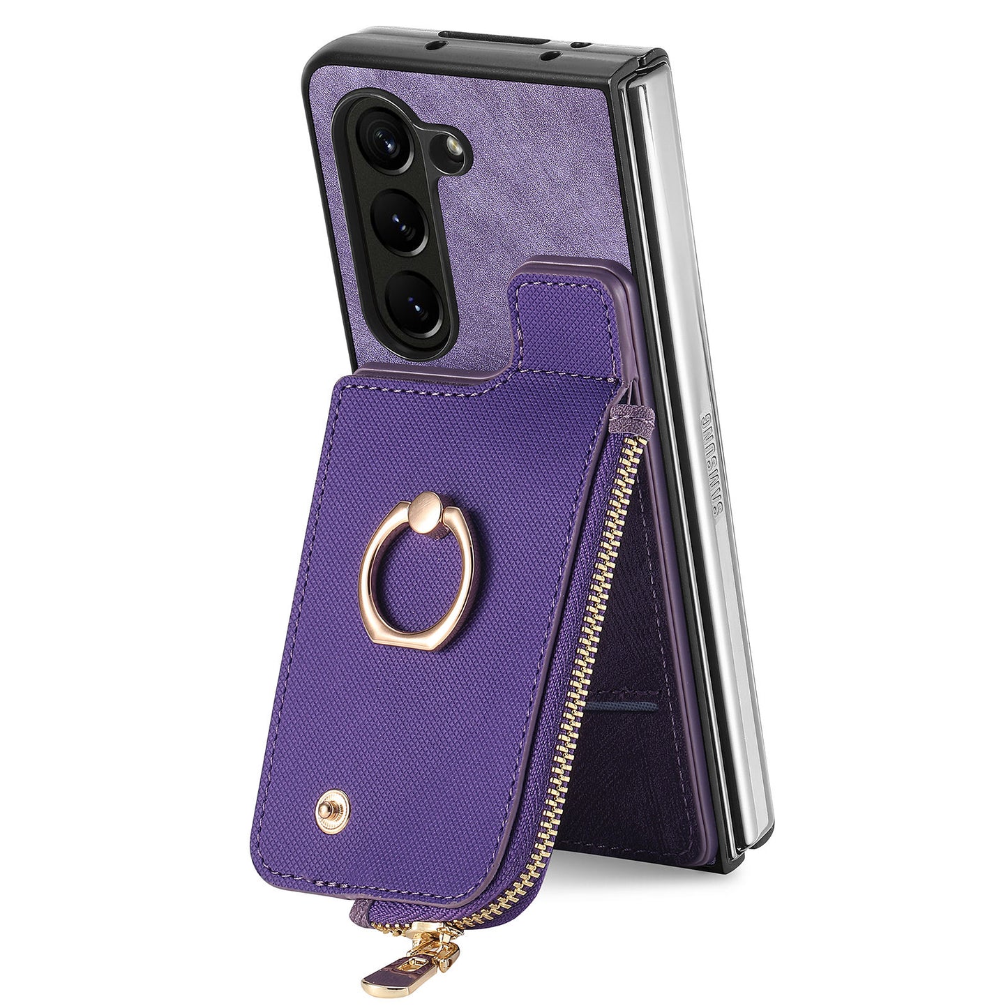 D8 For Samsung Galaxy Z Fold6 5G Case Zipper Pocket Ring Holder Leather+PC Phone Cover - Purple