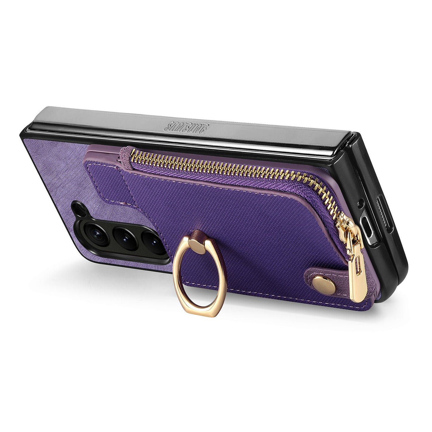 D8 For Samsung Galaxy Z Fold6 5G Case Zipper Pocket Ring Holder Leather+PC Phone Cover - Purple