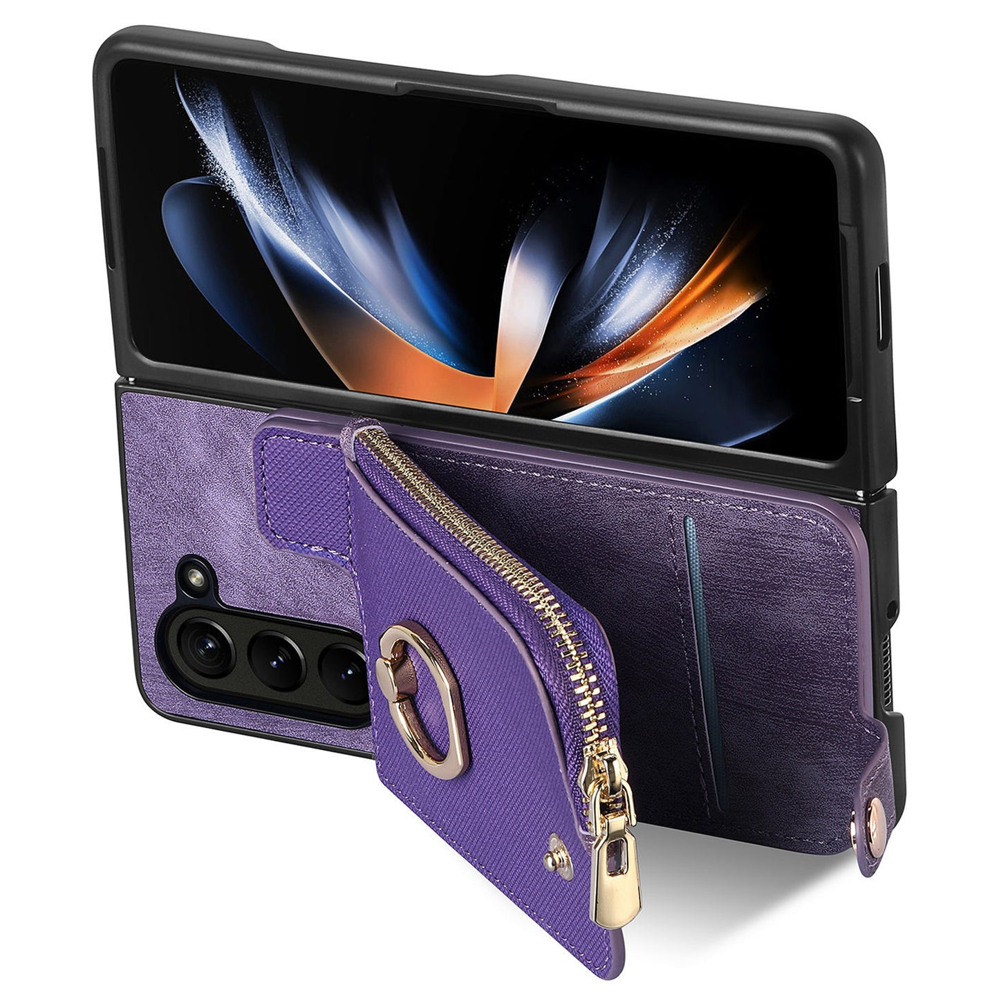 D8 For Samsung Galaxy Z Fold6 5G Case Zipper Pocket Ring Holder Leather+PC Phone Cover - Purple