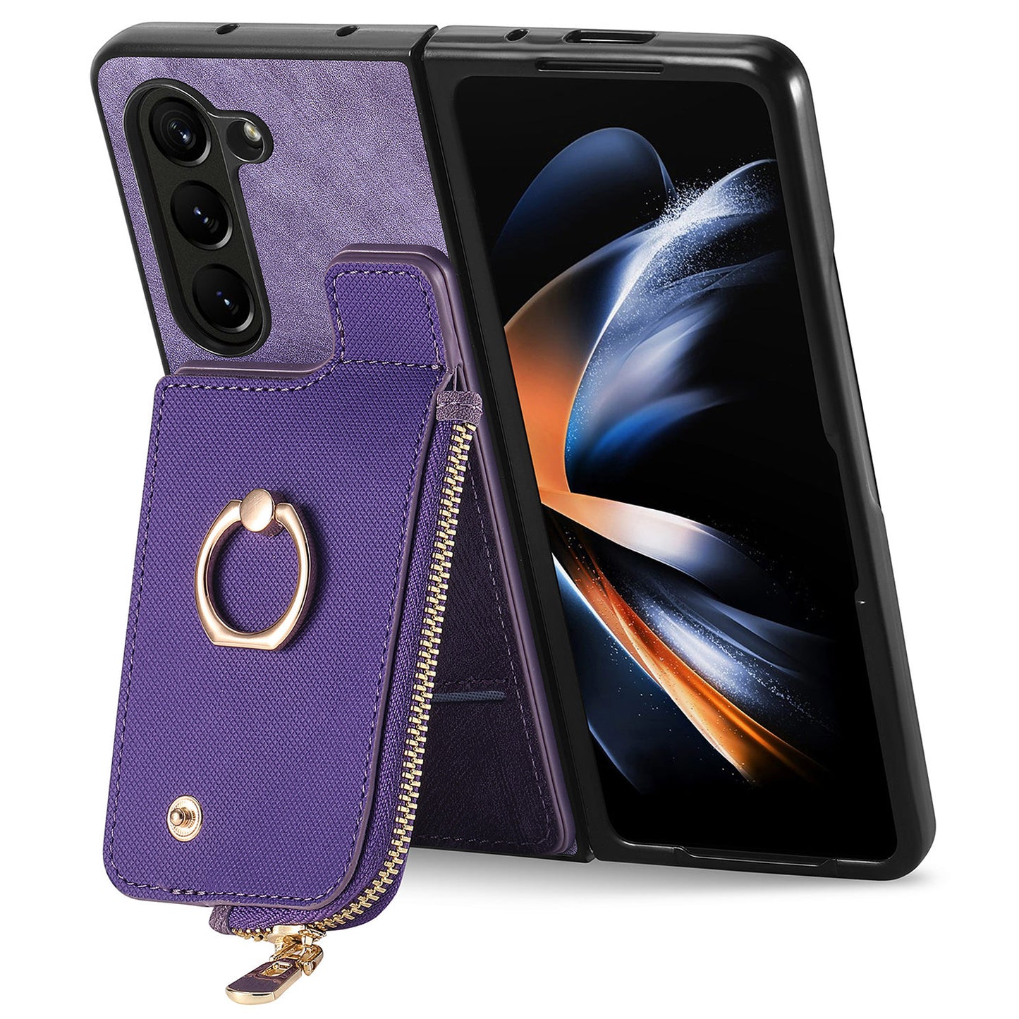 D8 For Samsung Galaxy Z Fold6 5G Case Zipper Pocket Ring Holder Leather+PC Phone Cover - Purple