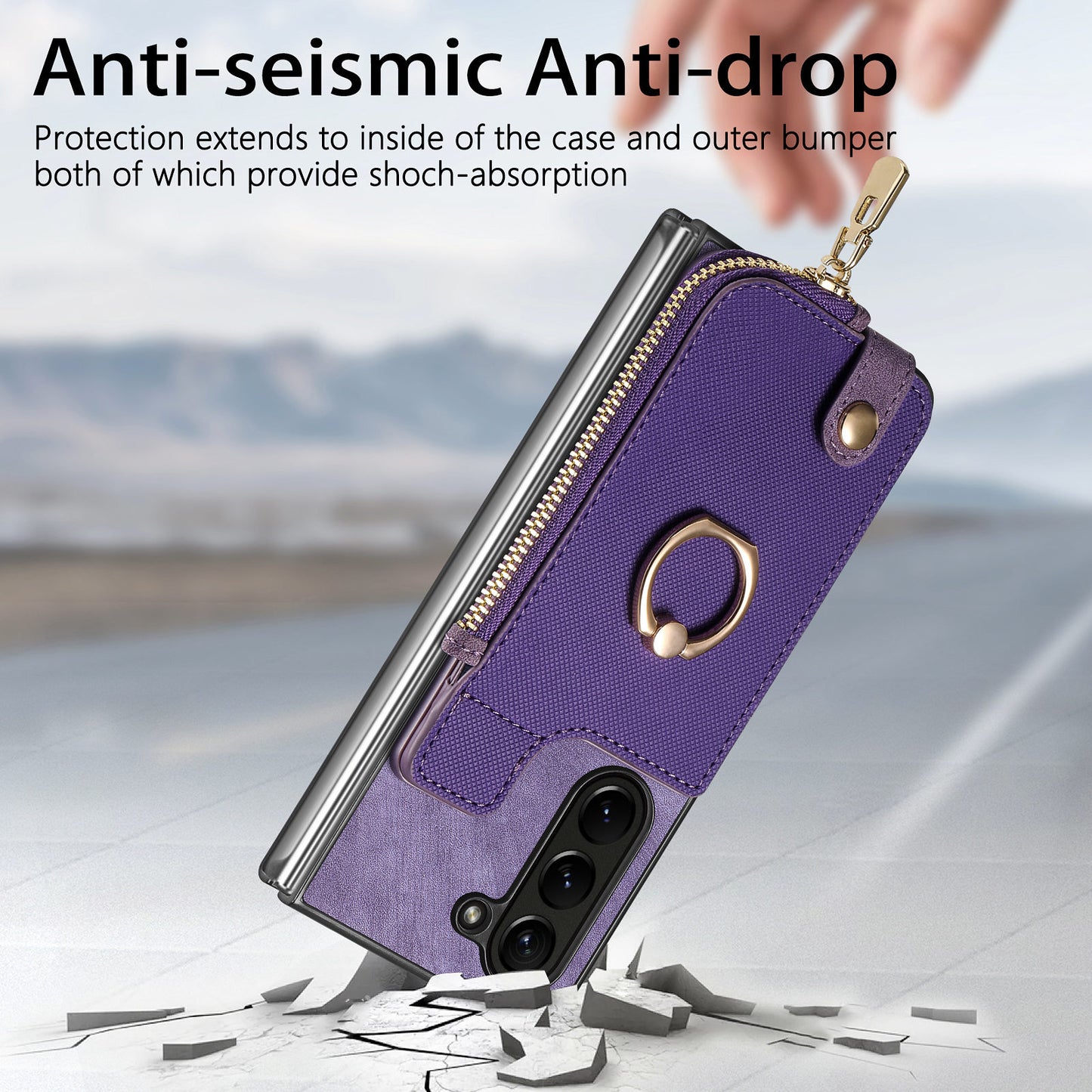 D8 For Samsung Galaxy Z Fold6 5G Case Zipper Pocket Ring Holder Leather+PC Phone Cover - Purple