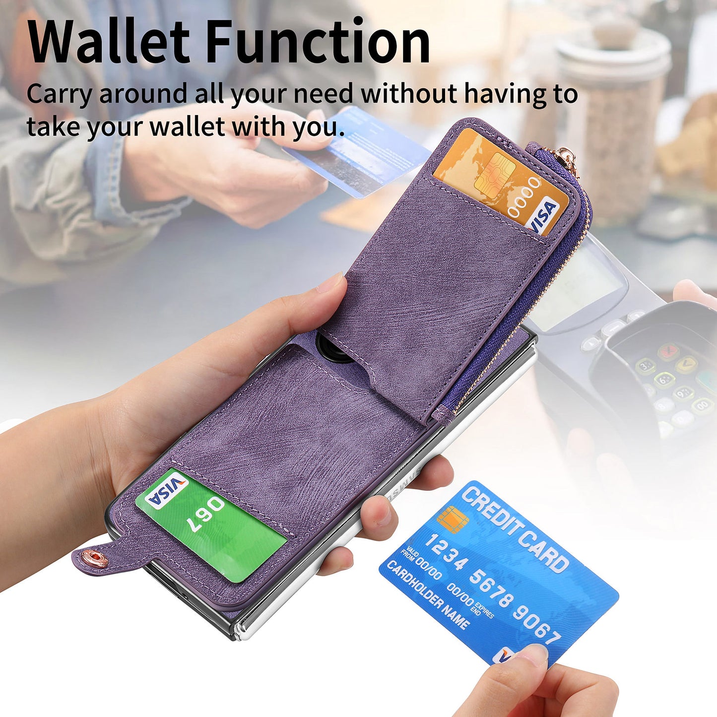 D8 For Samsung Galaxy Z Fold6 5G Case Zipper Pocket Ring Holder Leather+PC Phone Cover - Purple