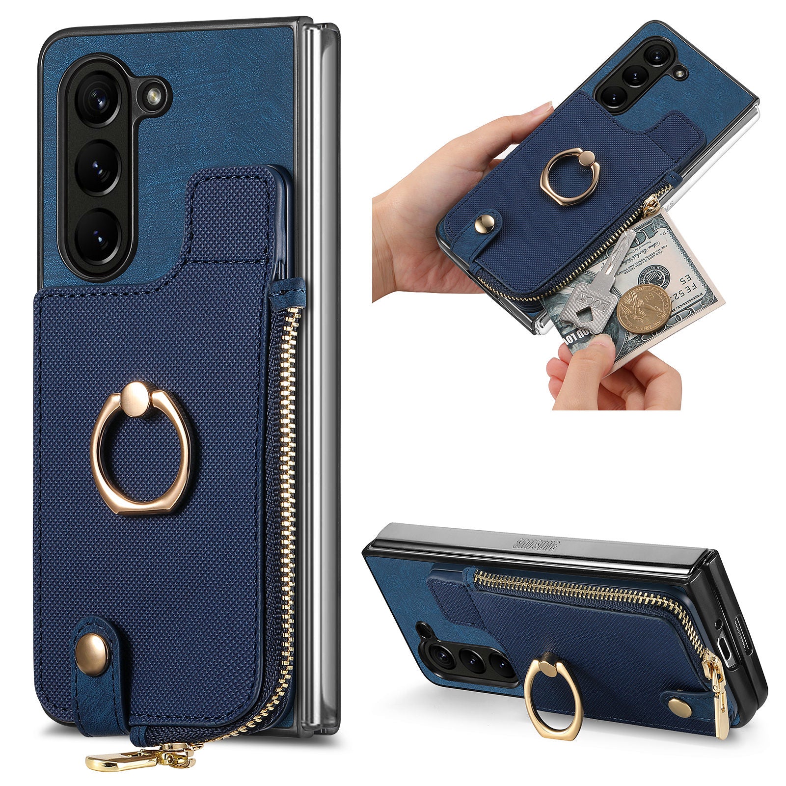 D8 For Samsung Galaxy Z Fold6 5G Case Zipper Pocket Ring Holder Leather+PC Phone Cover - Blue