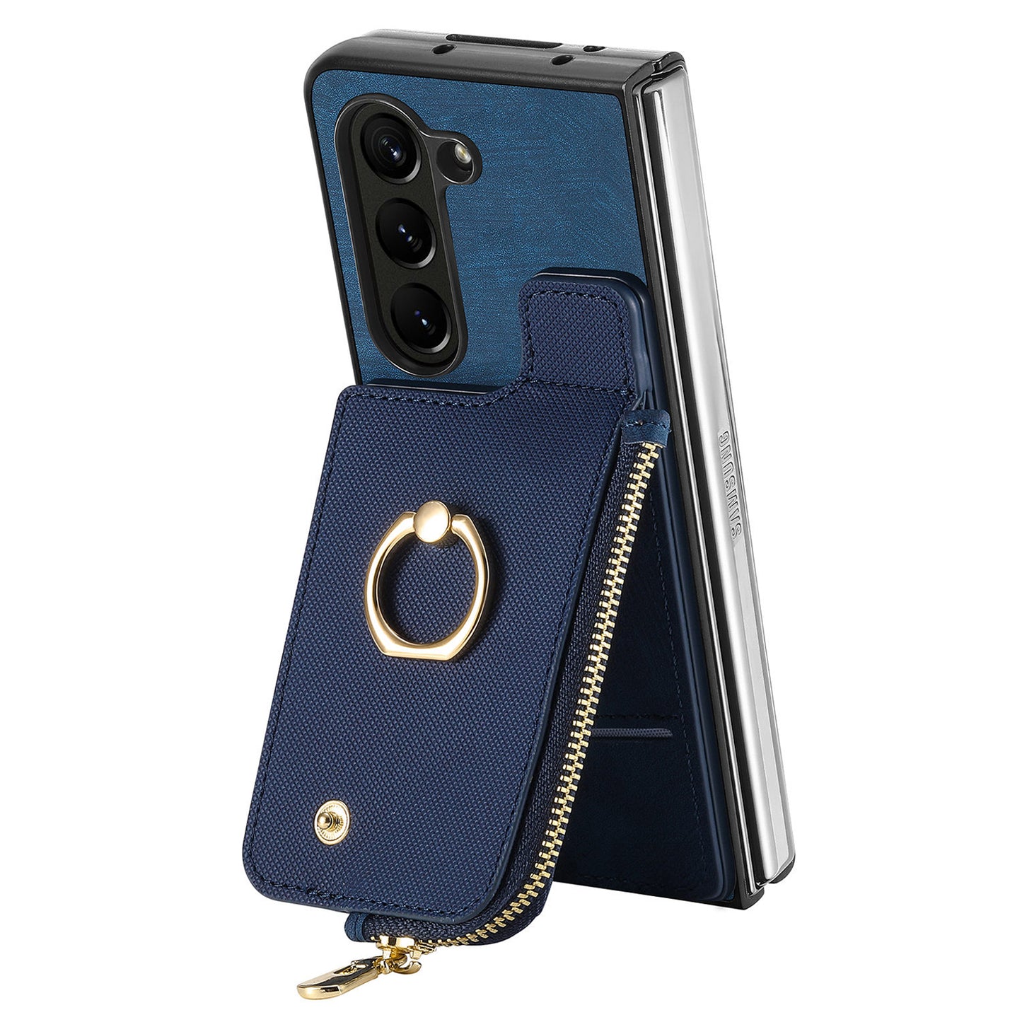 D8 For Samsung Galaxy Z Fold6 5G Case Zipper Pocket Ring Holder Leather+PC Phone Cover - Blue