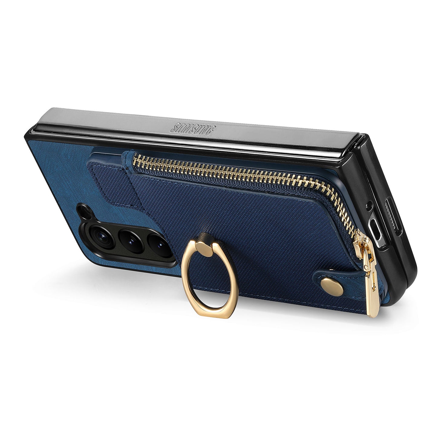 D8 For Samsung Galaxy Z Fold6 5G Case Zipper Pocket Ring Holder Leather+PC Phone Cover - Blue