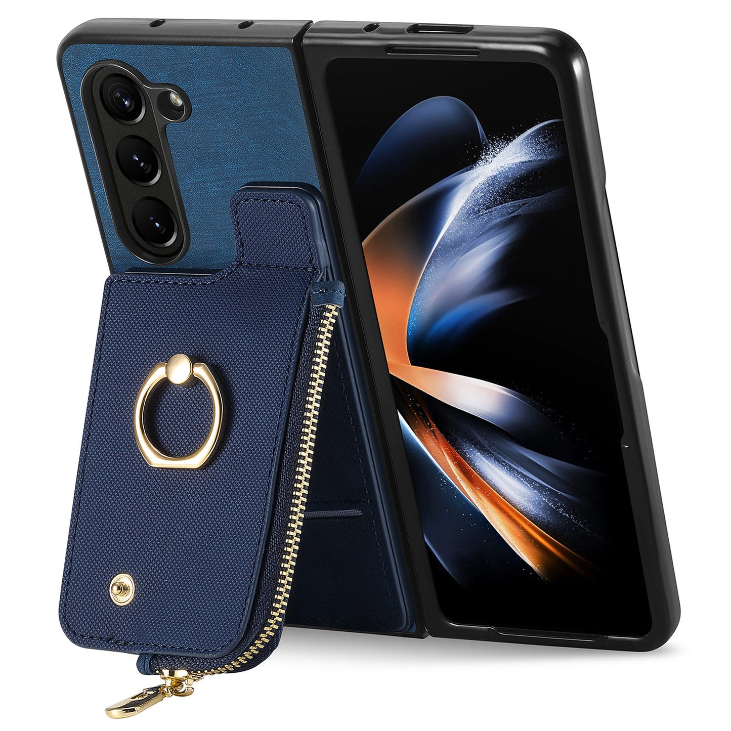 D8 For Samsung Galaxy Z Fold6 5G Case Zipper Pocket Ring Holder Leather+PC Phone Cover - Blue