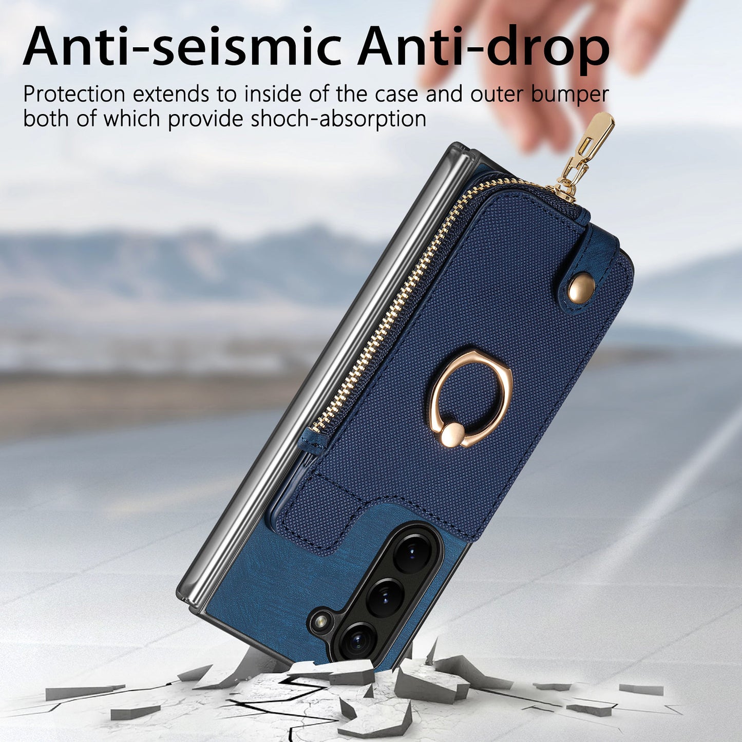 D8 For Samsung Galaxy Z Fold6 5G Case Zipper Pocket Ring Holder Leather+PC Phone Cover - Blue