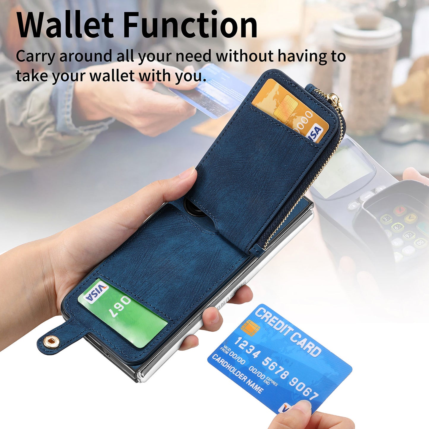 D8 For Samsung Galaxy Z Fold6 5G Case Zipper Pocket Ring Holder Leather+PC Phone Cover - Blue