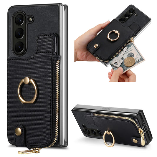 D8 For Samsung Galaxy Z Fold6 5G Case Zipper Pocket Ring Holder Leather+PC Phone Cover - Black