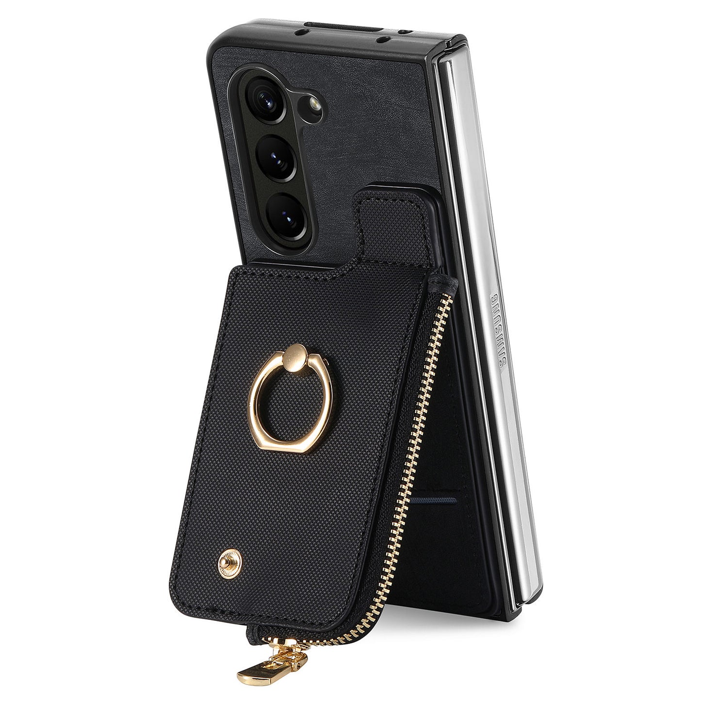 D8 For Samsung Galaxy Z Fold6 5G Case Zipper Pocket Ring Holder Leather+PC Phone Cover - Black