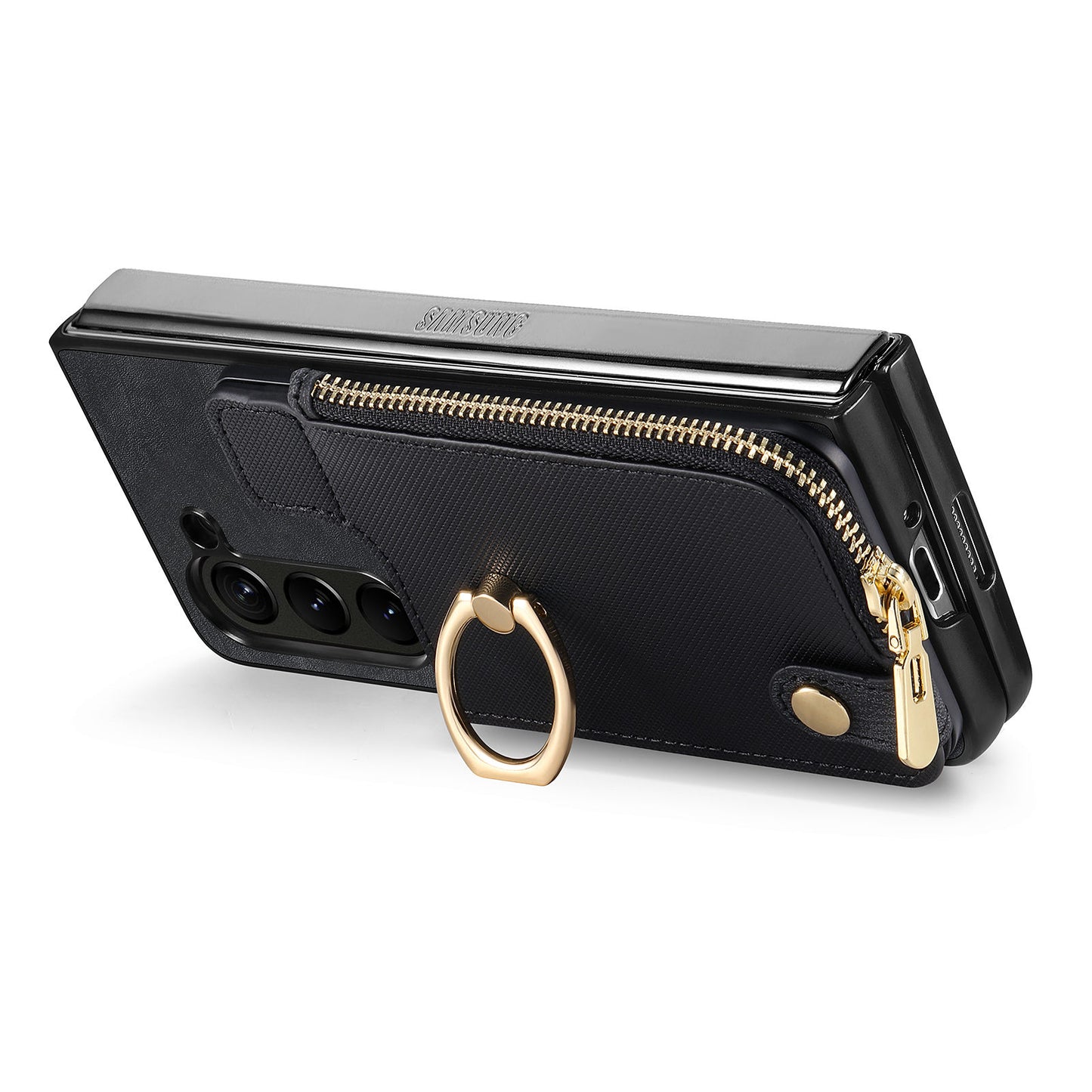 D8 For Samsung Galaxy Z Fold6 5G Case Zipper Pocket Ring Holder Leather+PC Phone Cover - Black