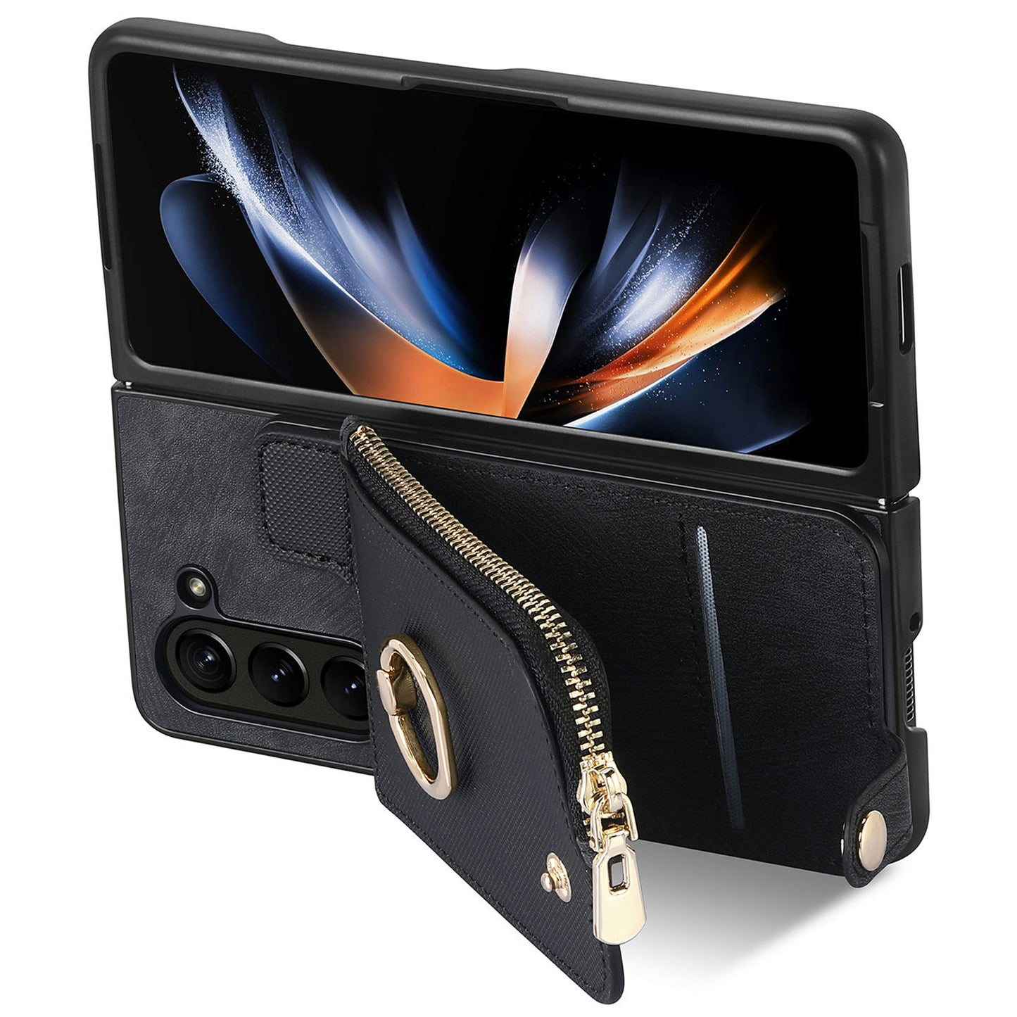 D8 For Samsung Galaxy Z Fold6 5G Case Zipper Pocket Ring Holder Leather+PC Phone Cover - Black