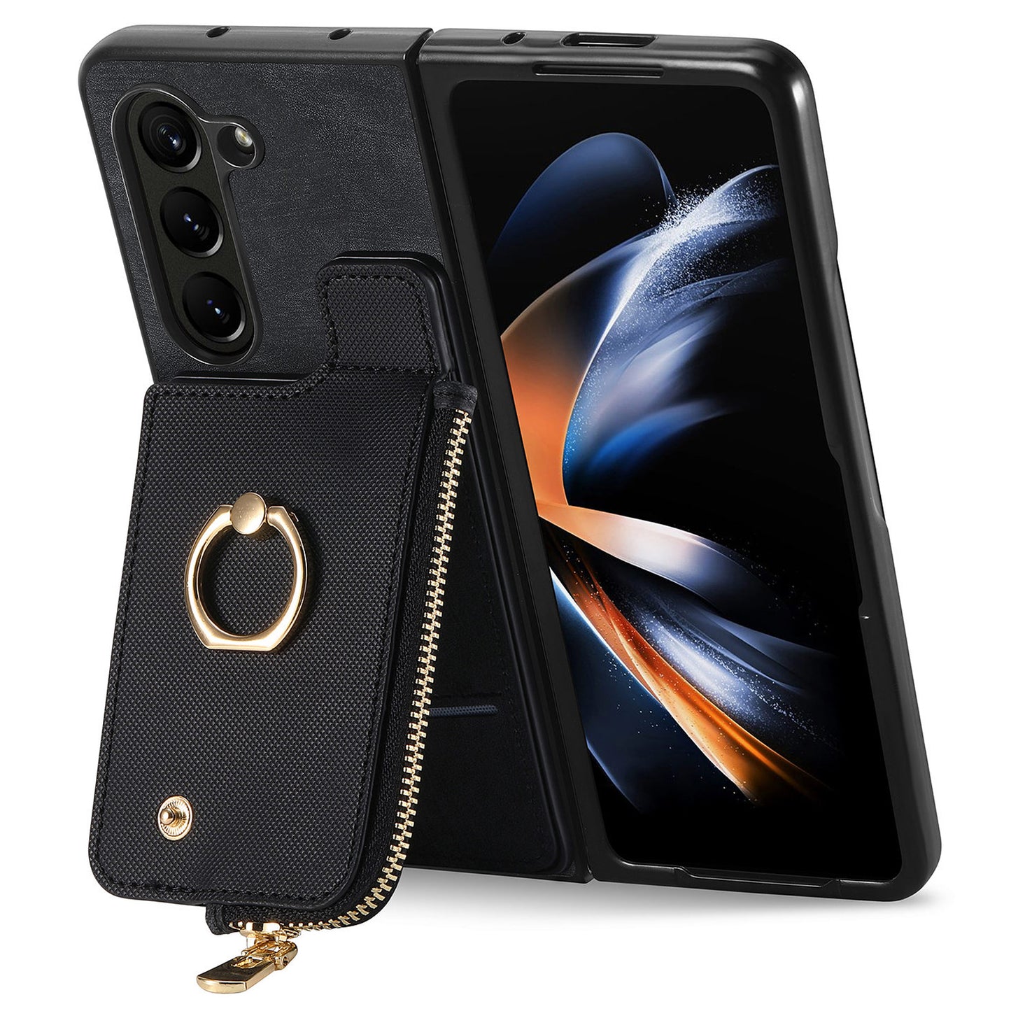 D8 For Samsung Galaxy Z Fold6 5G Case Zipper Pocket Ring Holder Leather+PC Phone Cover - Black