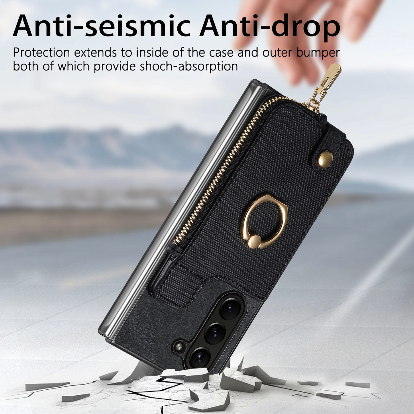 D8 For Samsung Galaxy Z Fold6 5G Case Zipper Pocket Ring Holder Leather+PC Phone Cover - Black
