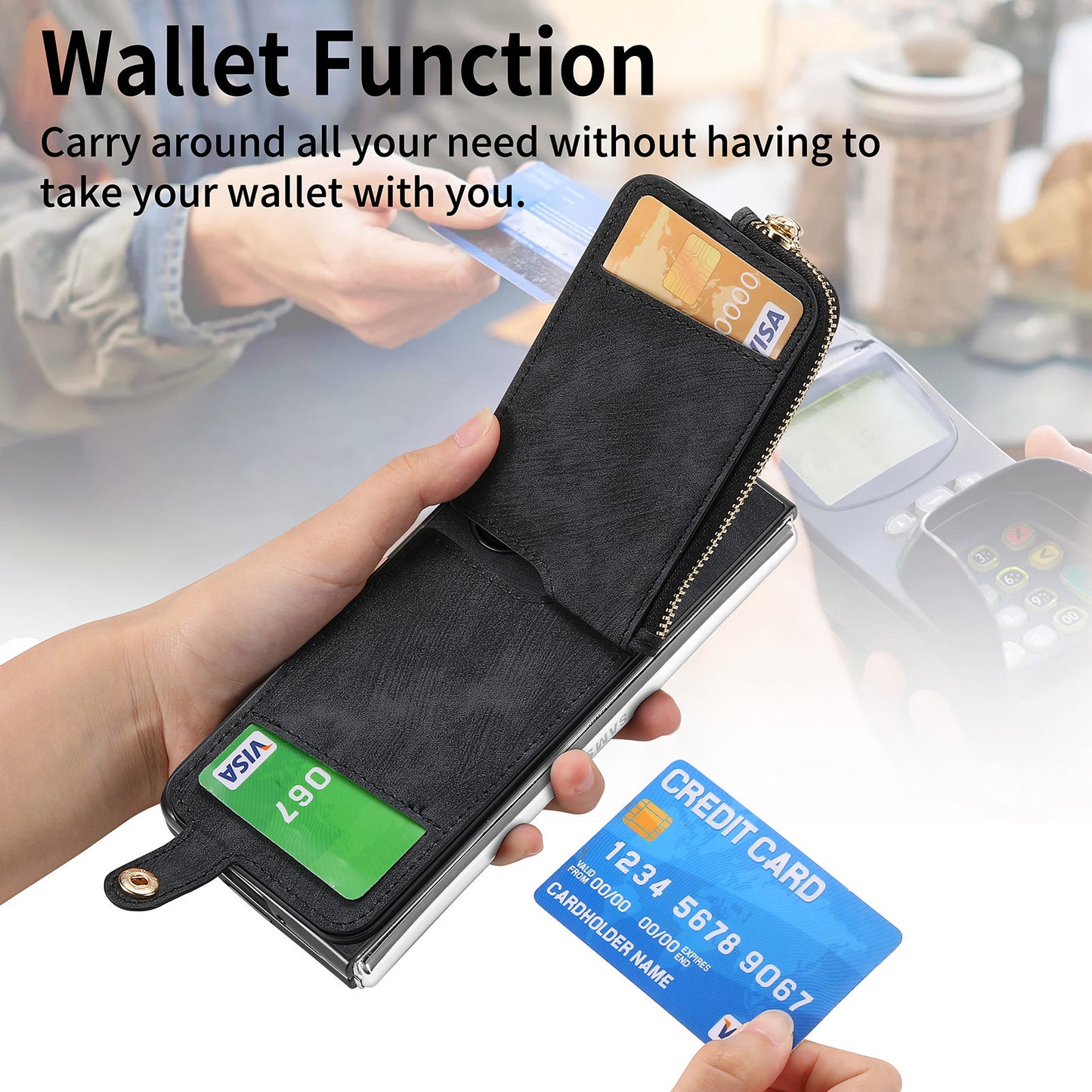 D8 For Samsung Galaxy Z Fold6 5G Case Zipper Pocket Ring Holder Leather+PC Phone Cover - Black