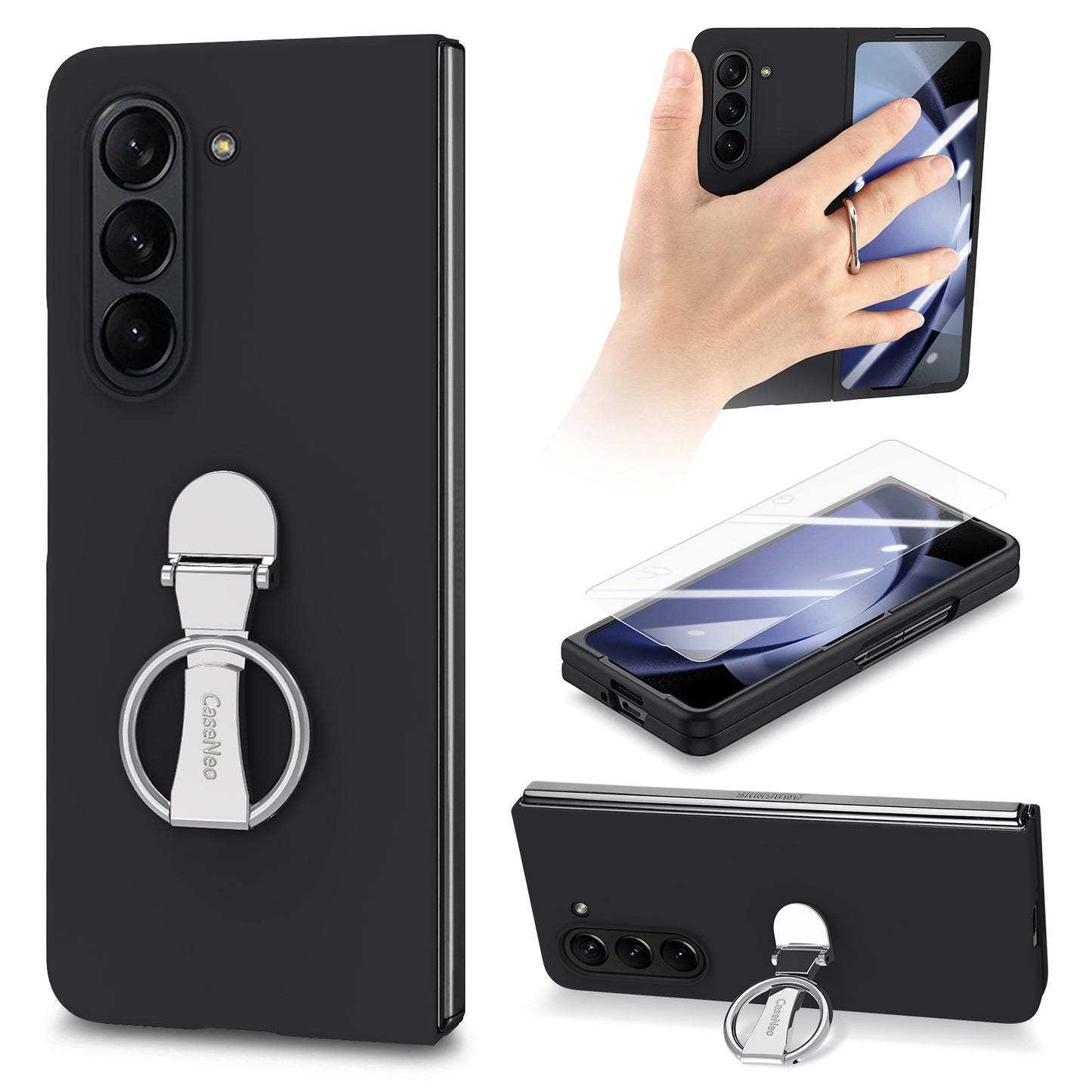 For Samsung Galaxy Z Fold6 5G Case Ring Holder PC Phone Cover with Tempered Glass Film - Black