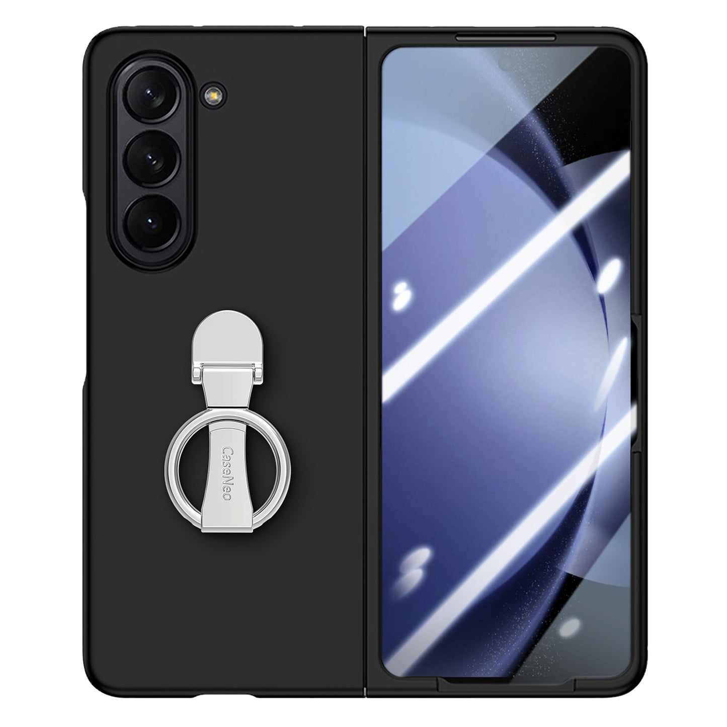 For Samsung Galaxy Z Fold6 5G Case Ring Holder PC Phone Cover with Tempered Glass Film - Black