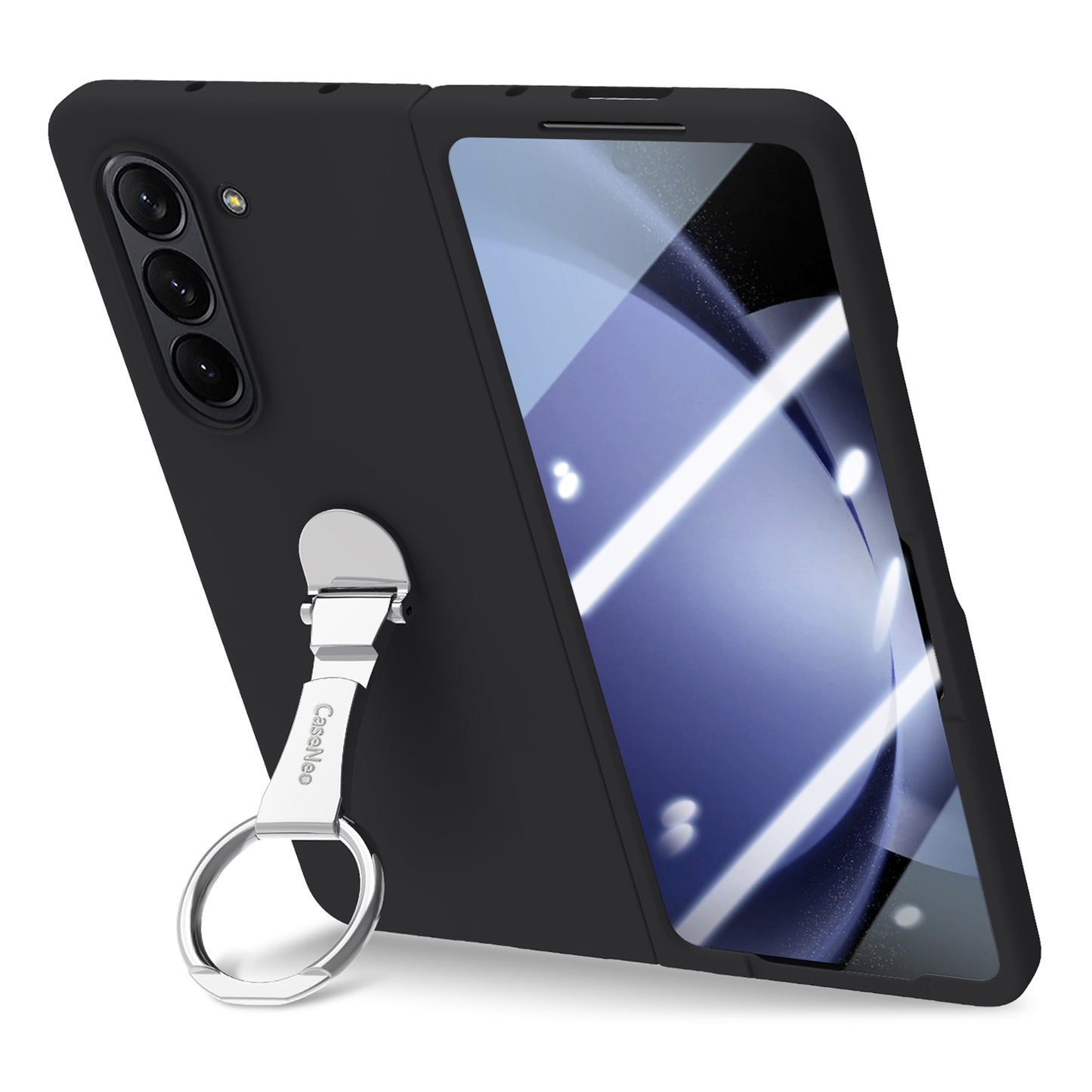 For Samsung Galaxy Z Fold6 5G Case Ring Holder PC Phone Cover with Tempered Glass Film - Black