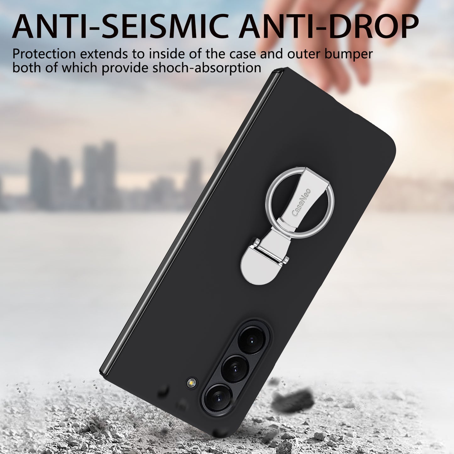 For Samsung Galaxy Z Fold6 5G Case Ring Holder PC Phone Cover with Tempered Glass Film - Black