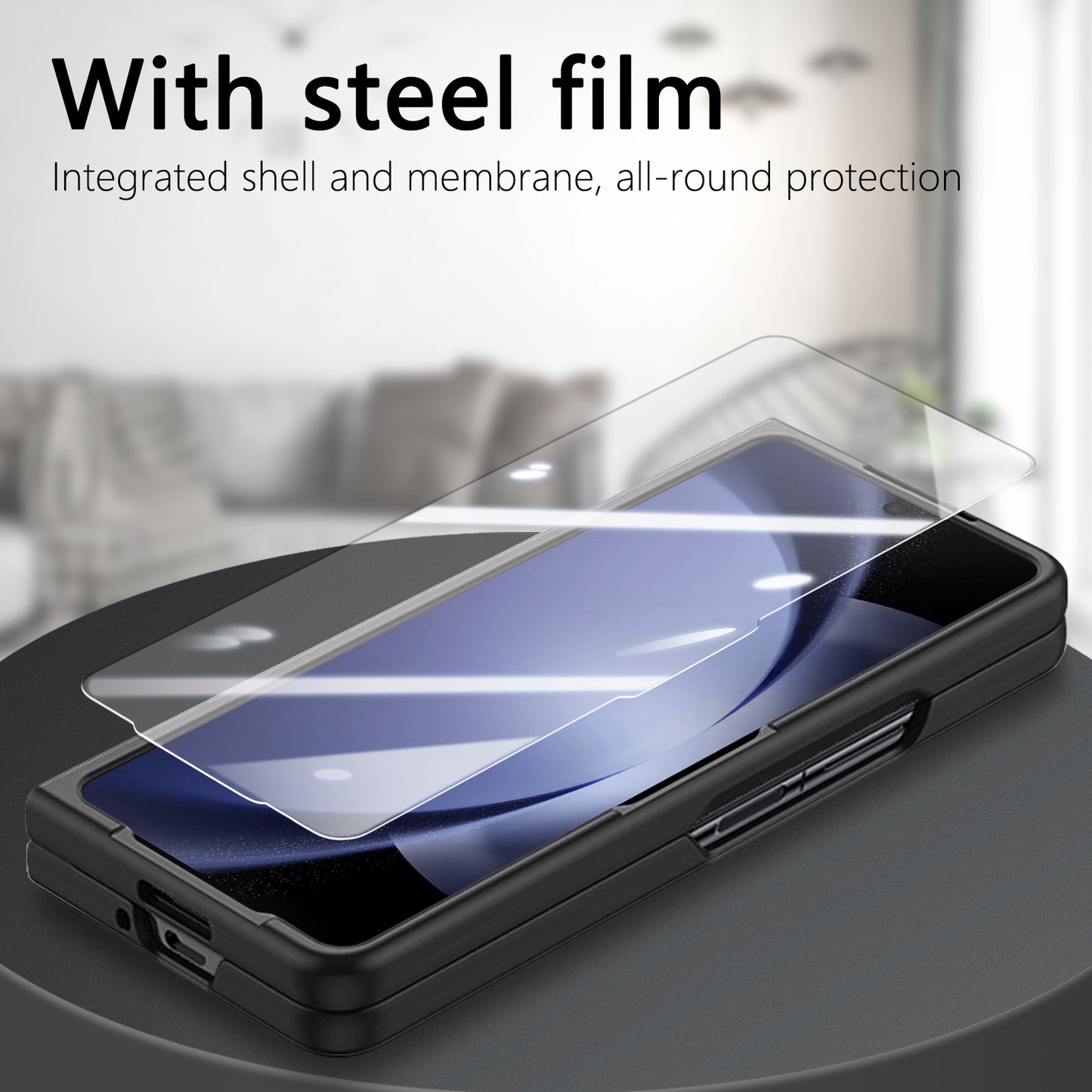 For Samsung Galaxy Z Fold6 5G Case Ring Holder PC Phone Cover with Tempered Glass Film - Black