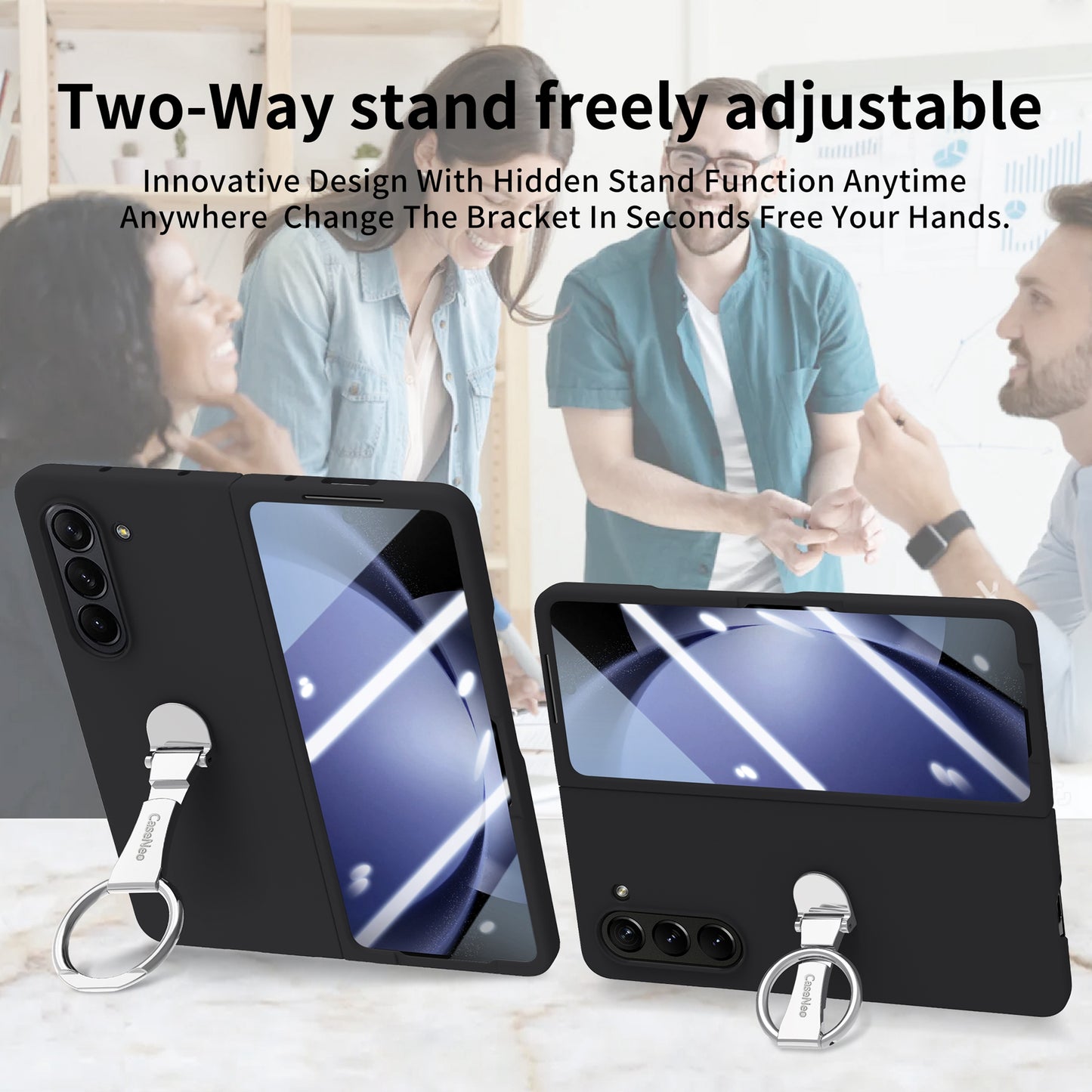 For Samsung Galaxy Z Fold6 5G Case Ring Holder PC Phone Cover with Tempered Glass Film - Black