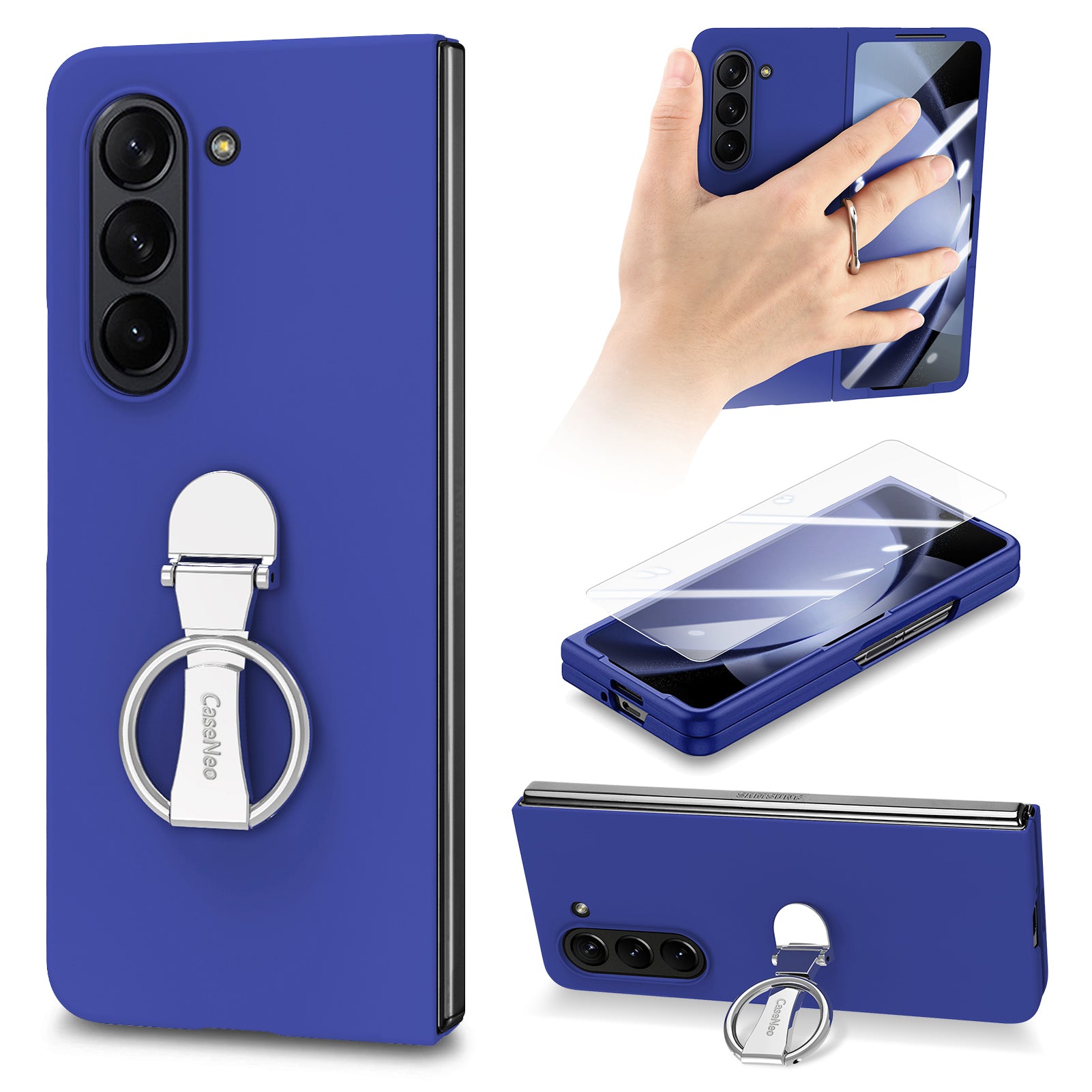 For Samsung Galaxy Z Fold6 5G Case Ring Holder PC Phone Cover with Tempered Glass Film - Dark Blue