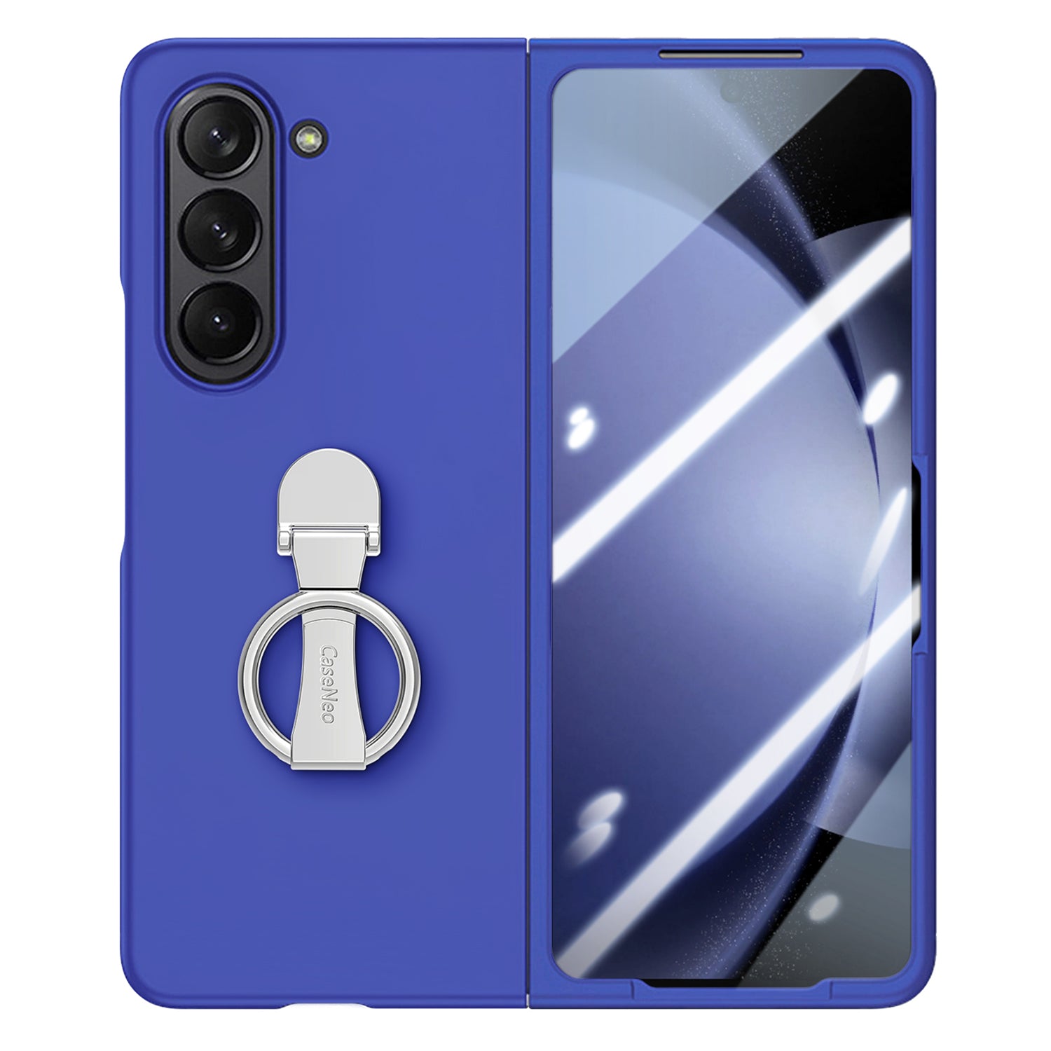 For Samsung Galaxy Z Fold6 5G Case Ring Holder PC Phone Cover with Tempered Glass Film - Dark Blue