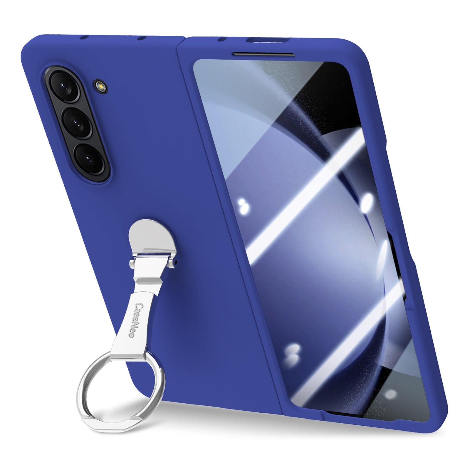 For Samsung Galaxy Z Fold6 5G Case Ring Holder PC Phone Cover with Tempered Glass Film - Dark Blue