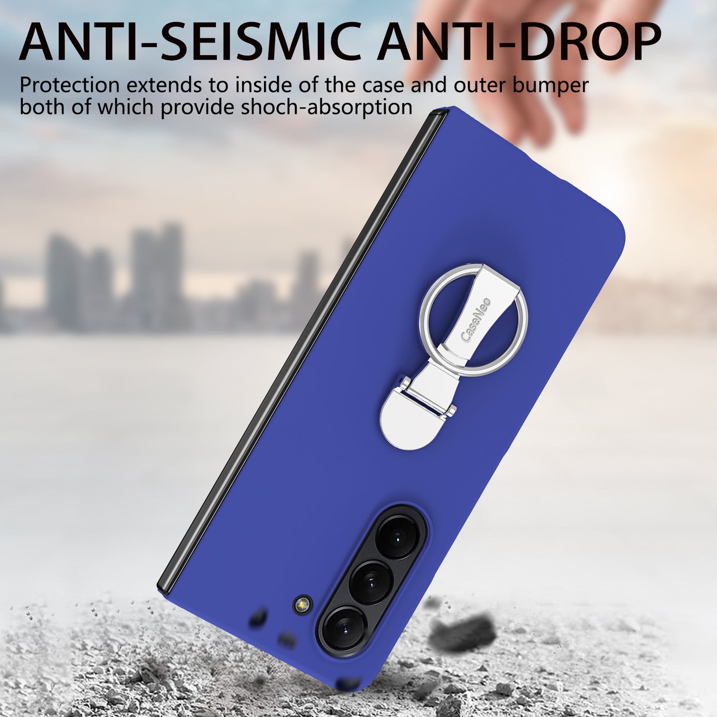 For Samsung Galaxy Z Fold6 5G Case Ring Holder PC Phone Cover with Tempered Glass Film - Dark Blue