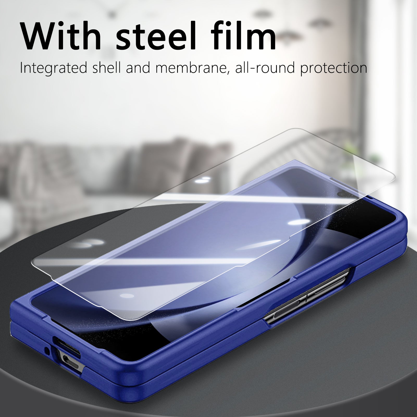For Samsung Galaxy Z Fold6 5G Case Ring Holder PC Phone Cover with Tempered Glass Film - Dark Blue