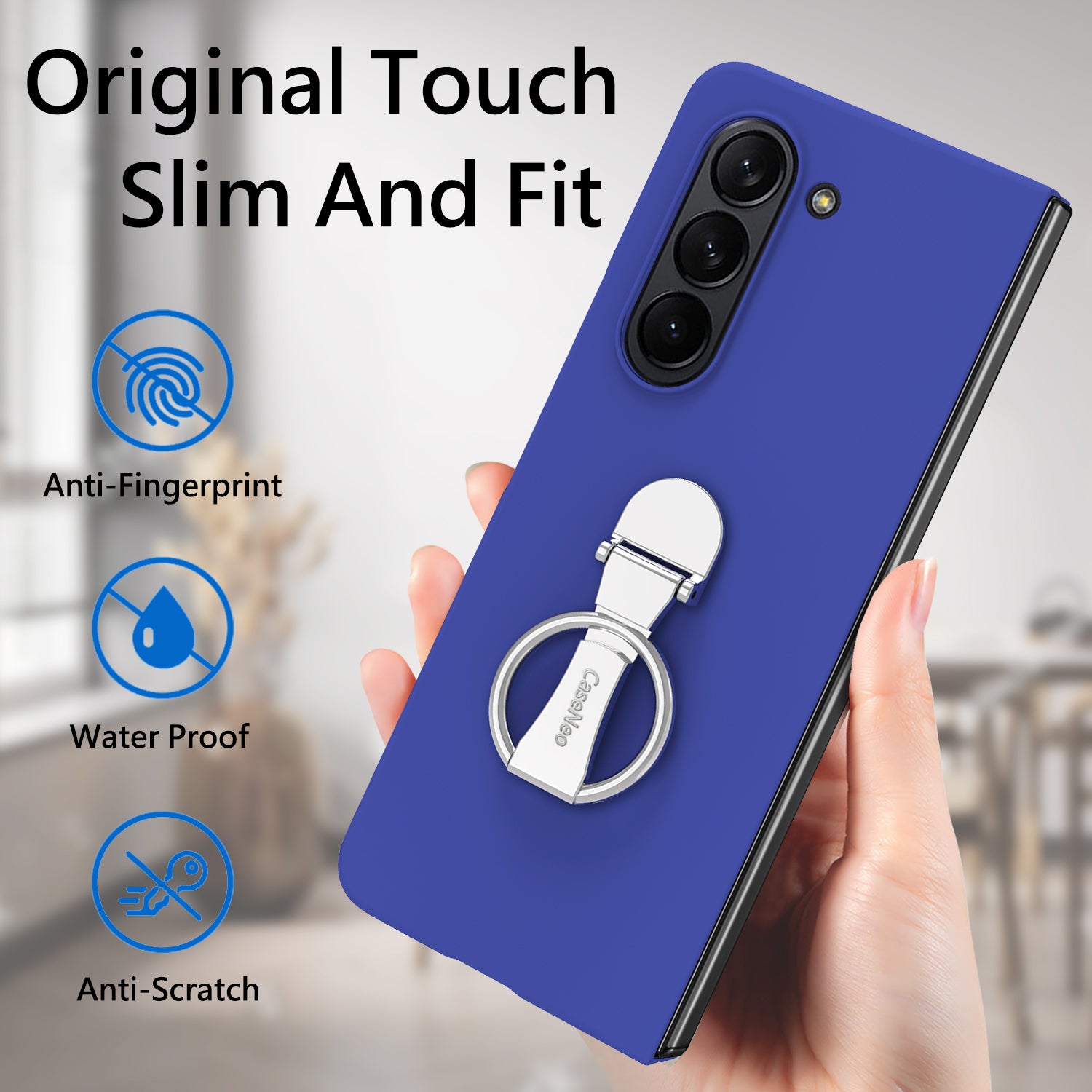For Samsung Galaxy Z Fold6 5G Case Ring Holder PC Phone Cover with Tempered Glass Film - Dark Blue