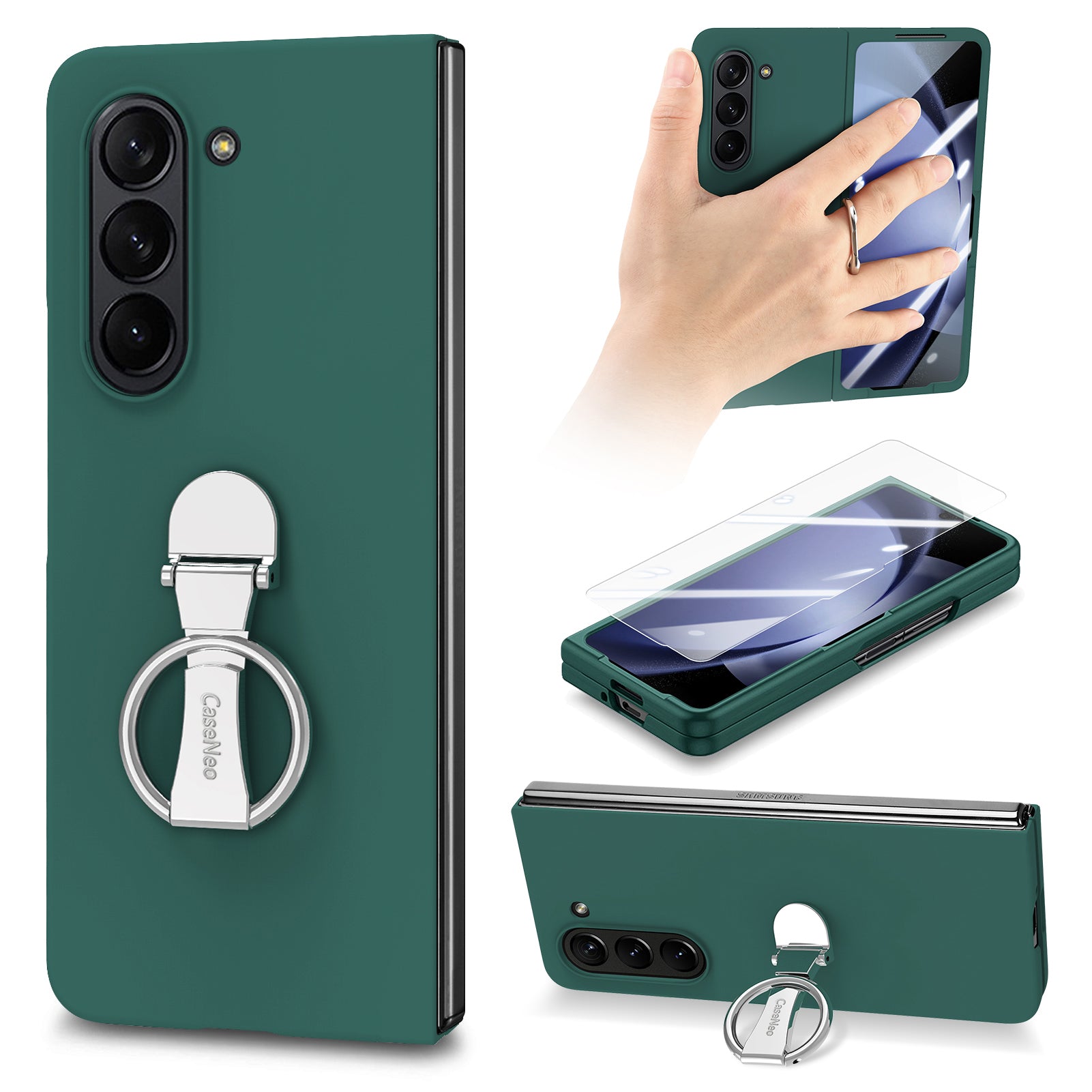 For Samsung Galaxy Z Fold6 5G Case Ring Holder PC Phone Cover with Tempered Glass Film - Dark Green