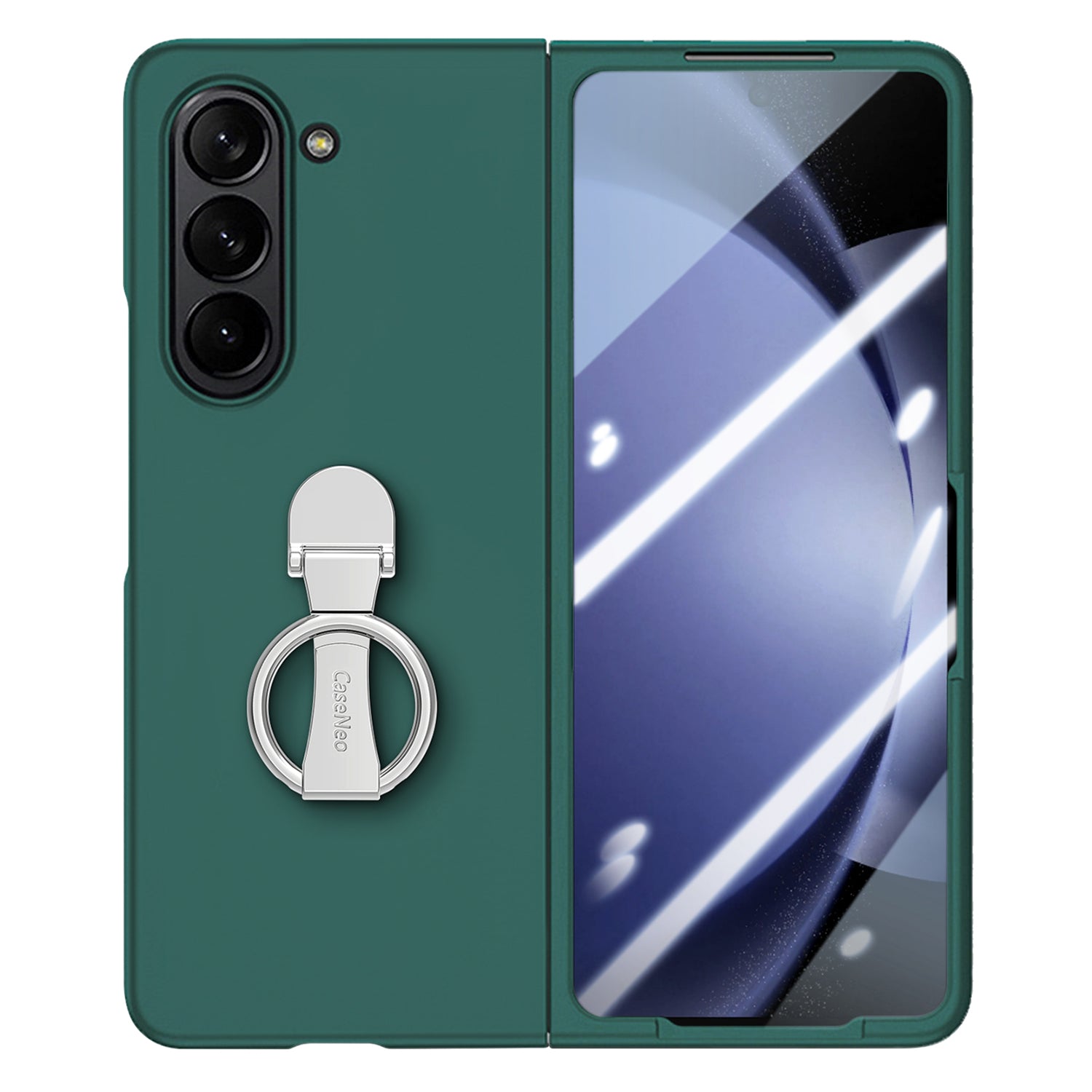 For Samsung Galaxy Z Fold6 5G Case Ring Holder PC Phone Cover with Tempered Glass Film - Dark Green